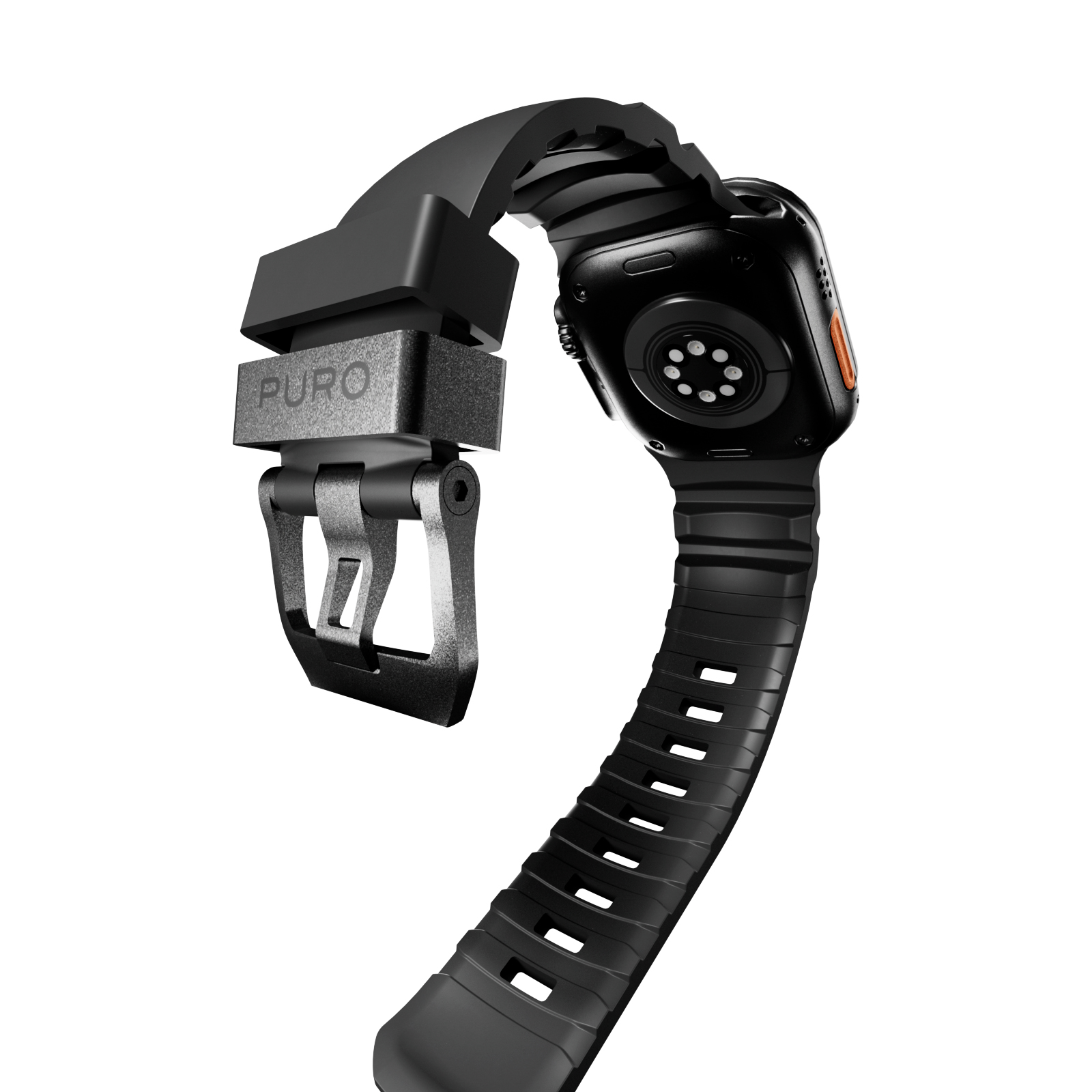Cinturino smartwatch nero con logo PURO e sensore di battito cardiaco.