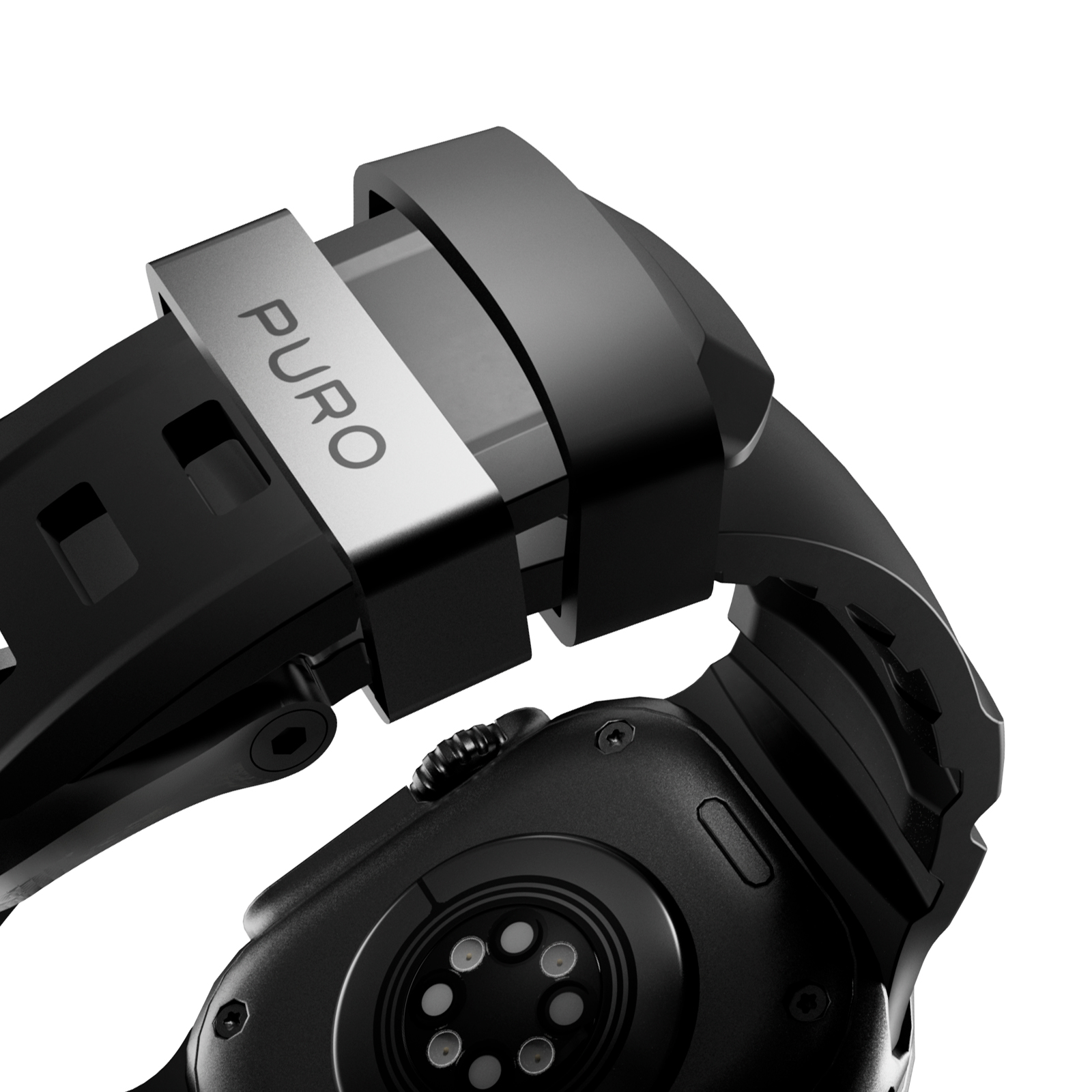 Primo piano di uno smartwatch nero con cinturino argentato e logo Puro.