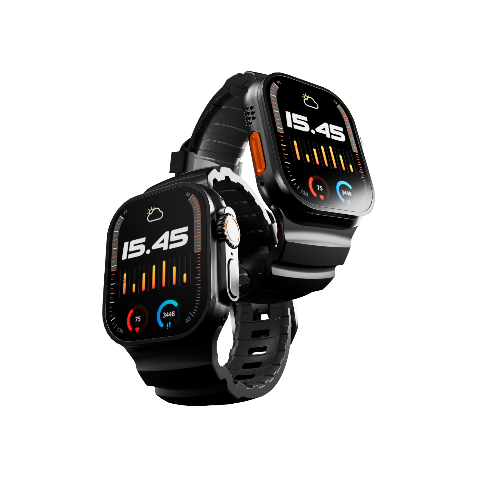 Due smartwatch nere una accanto all'altra su sfondo bianco, che mostrano le 15:45.