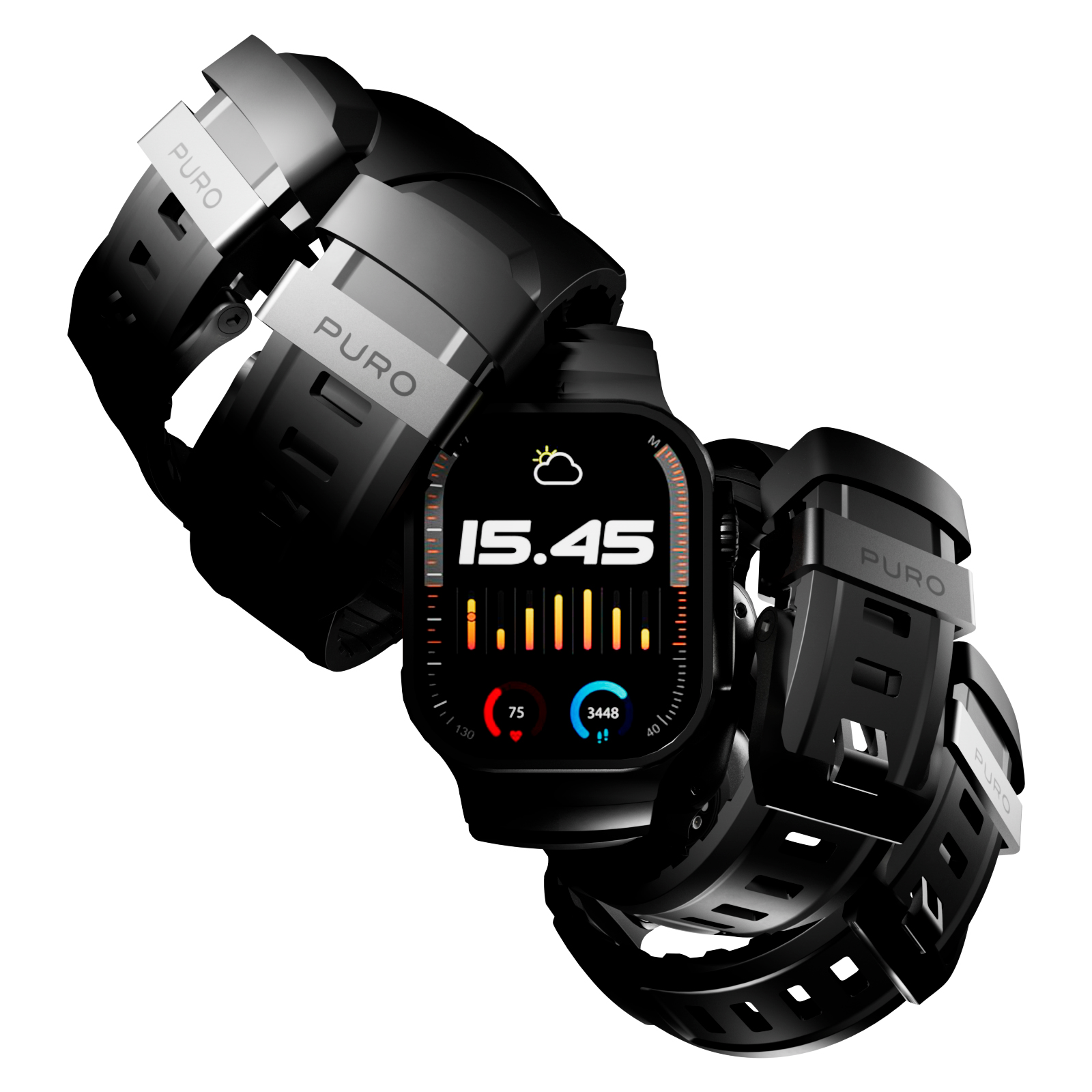 Uno smartwatch nero con accenti argentati "PURO", che mostra l'ora 15:45.