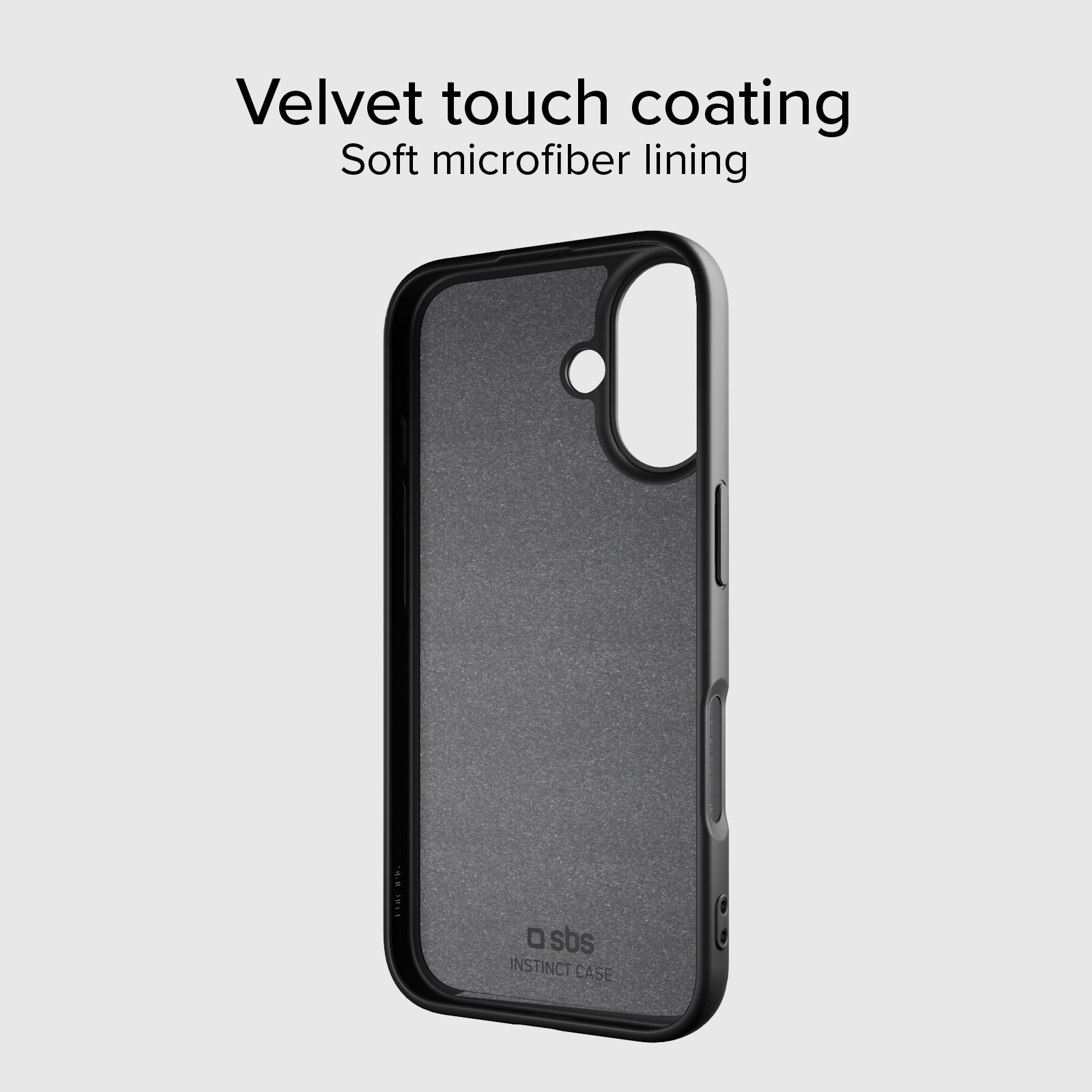Custodia nera per telefono con rivestimento soft touch e fodera in microfibra.