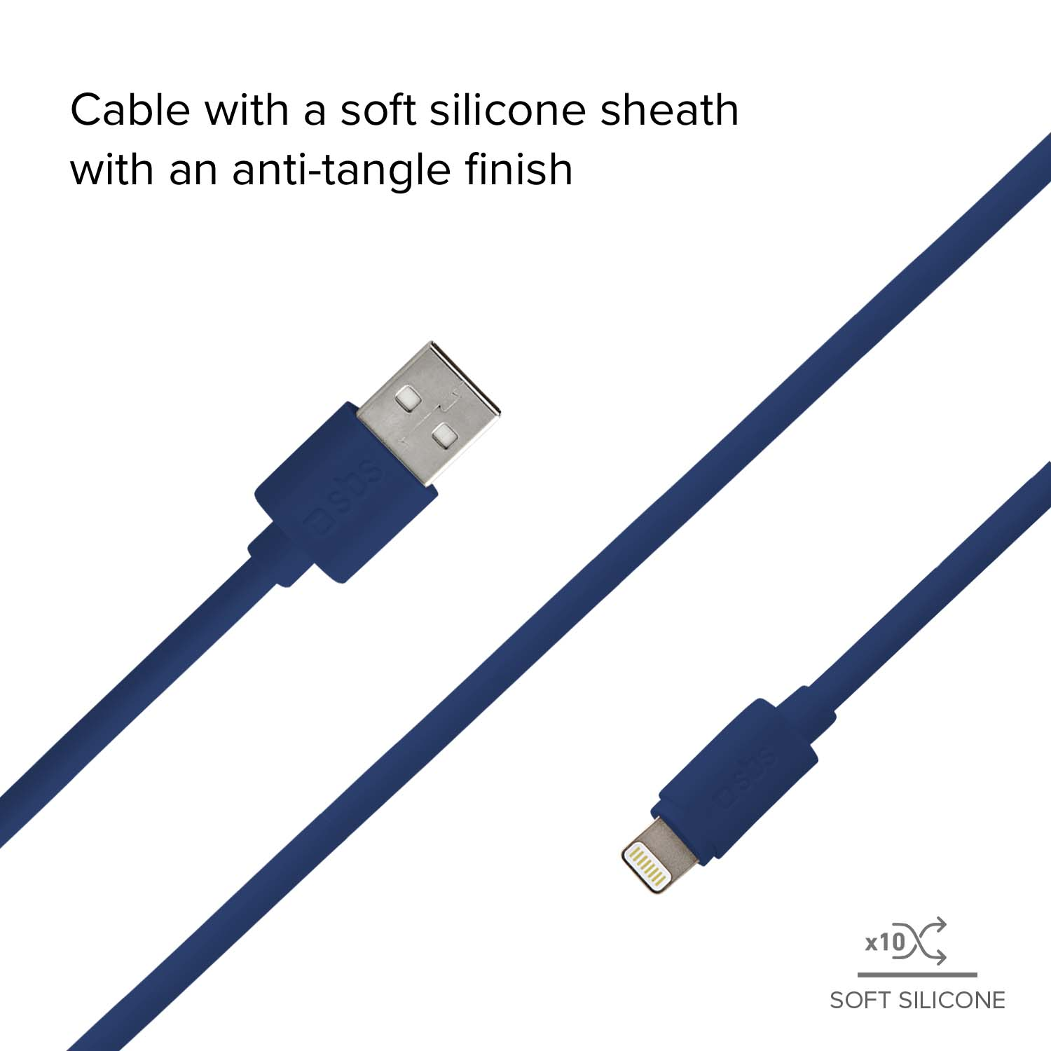 Un cable azul de USB-A a Lightning con funda de silicona suave y acabado anti-enredos.
