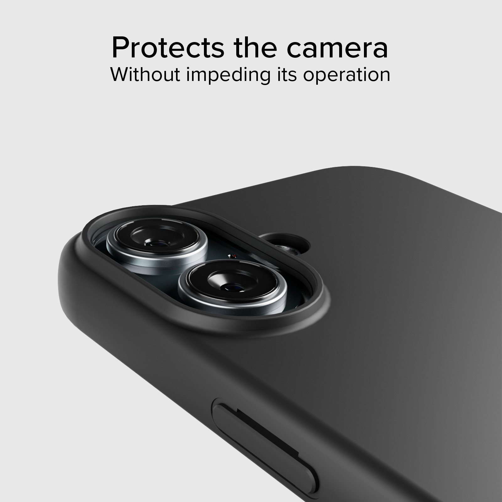 Custodia nera per telefono con protezione per fotocamera che copre le lenti.