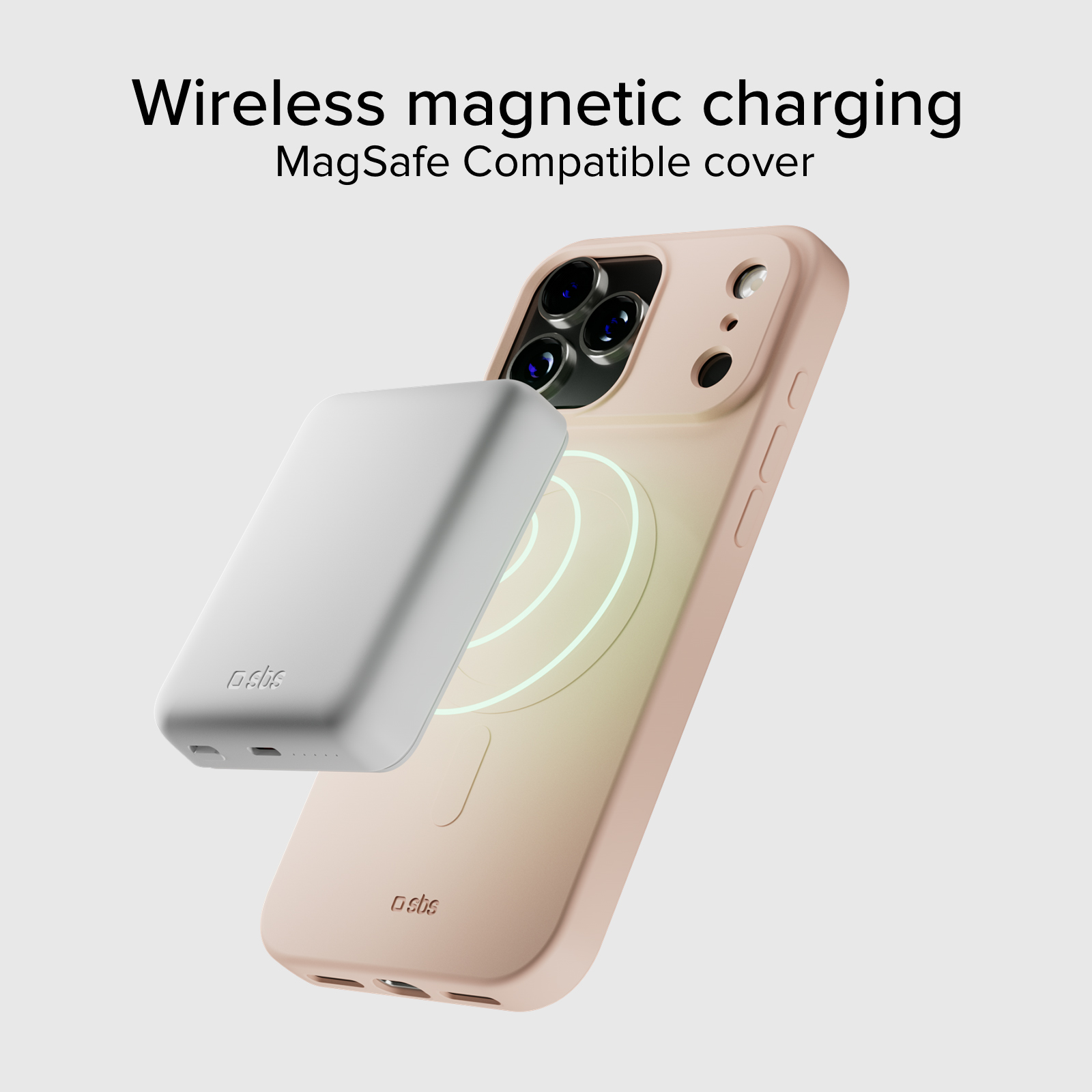 Una batería de carga magnética blanca se acopla a una funda rosa para iPhone.