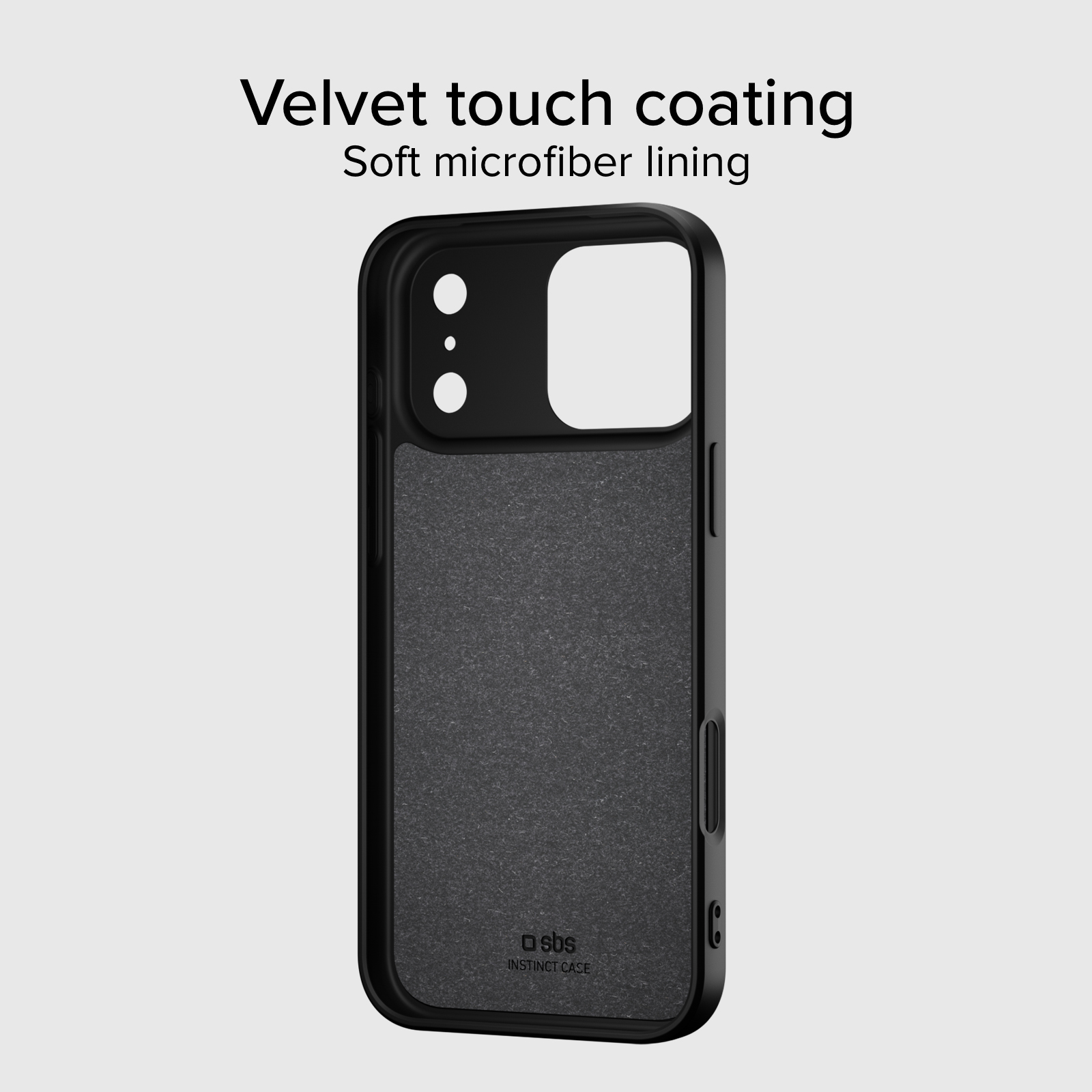 Funda de teléfono negra con recubrimiento táctil de terciopelo.
