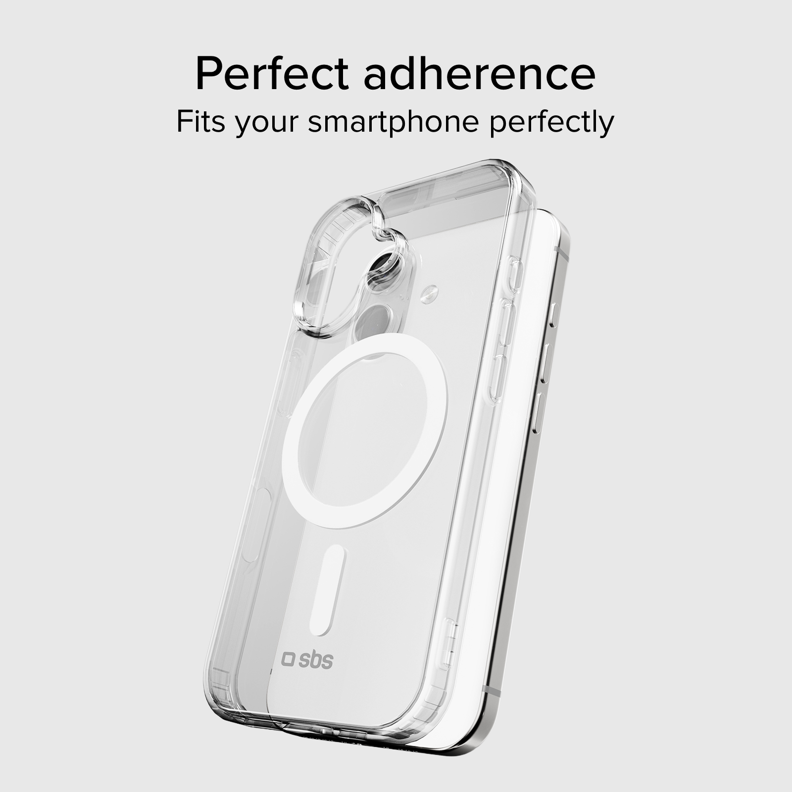 Funda transparente con círculo magnético blanco, ajuste perfecto.