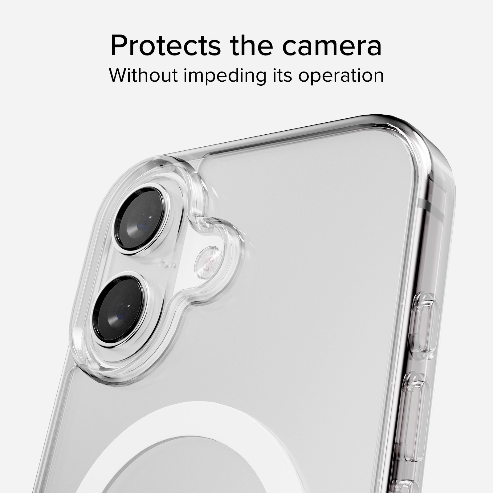 Funda transparente protege cámara y botones sin impedir uso.