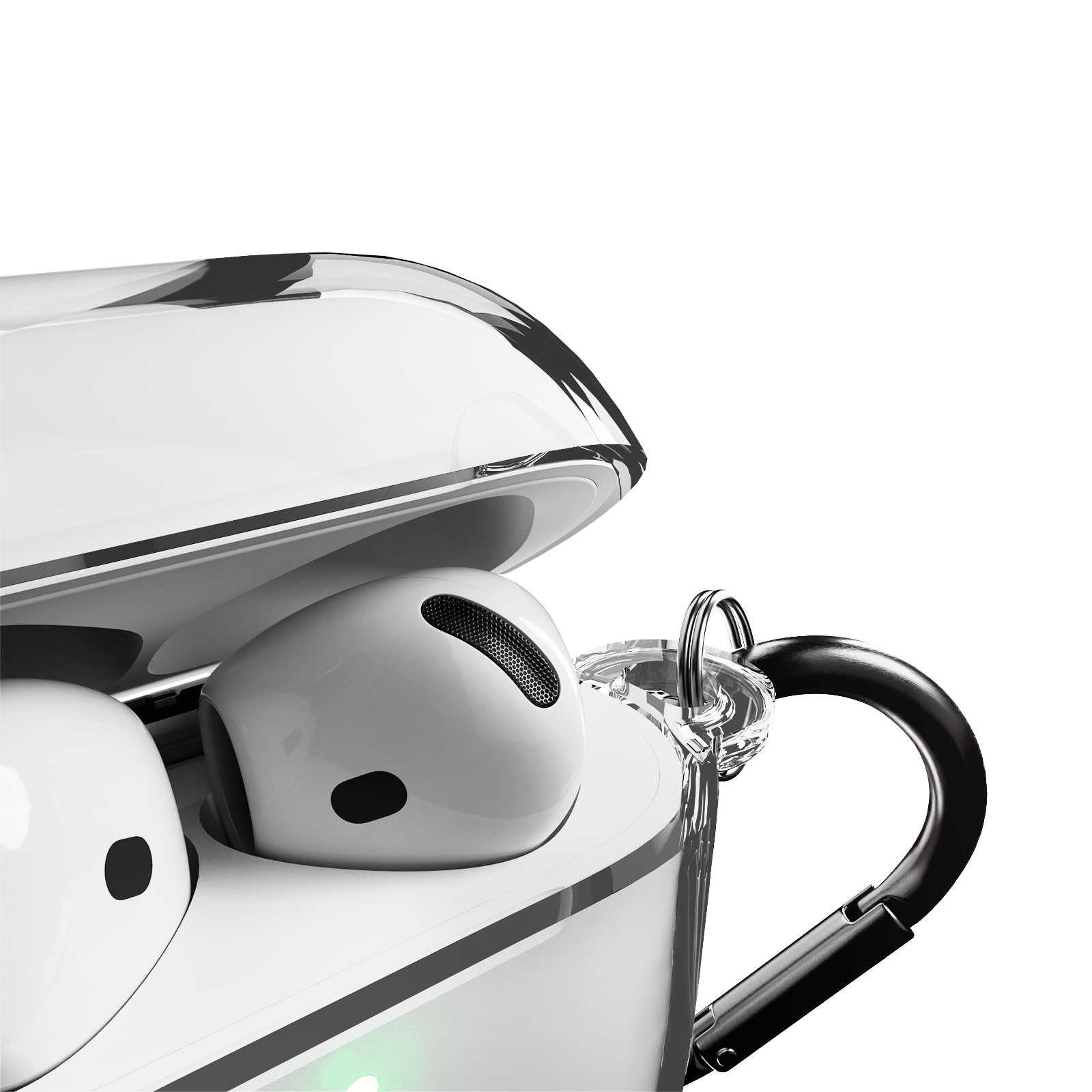 Un par de auriculares blancos dentro de un estuche transparente con un mosquetón negro.