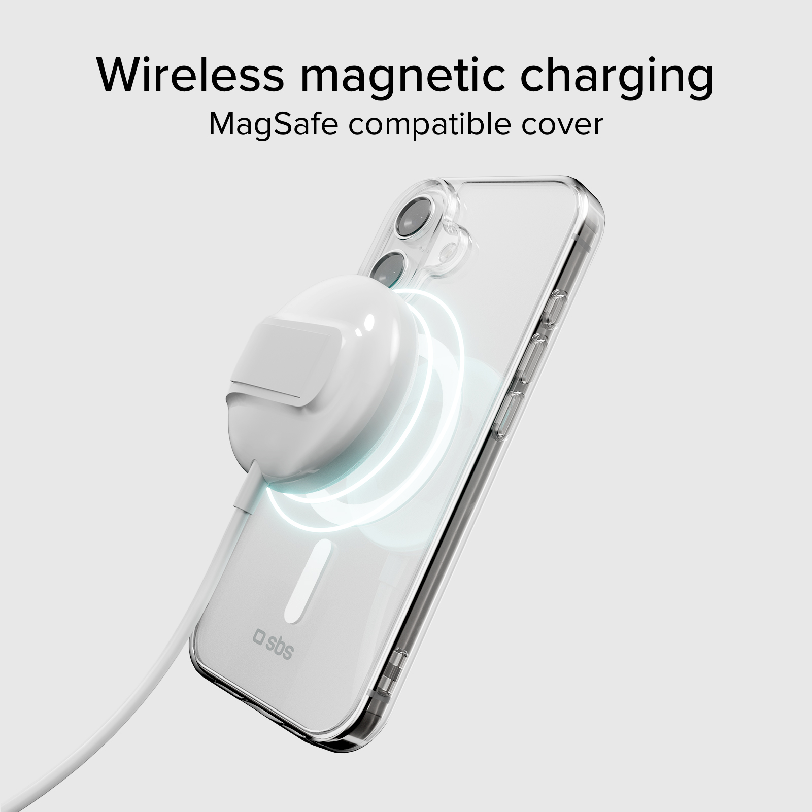 Un cargador MagSafe blanco carga inalámbricamente una funda transparente.