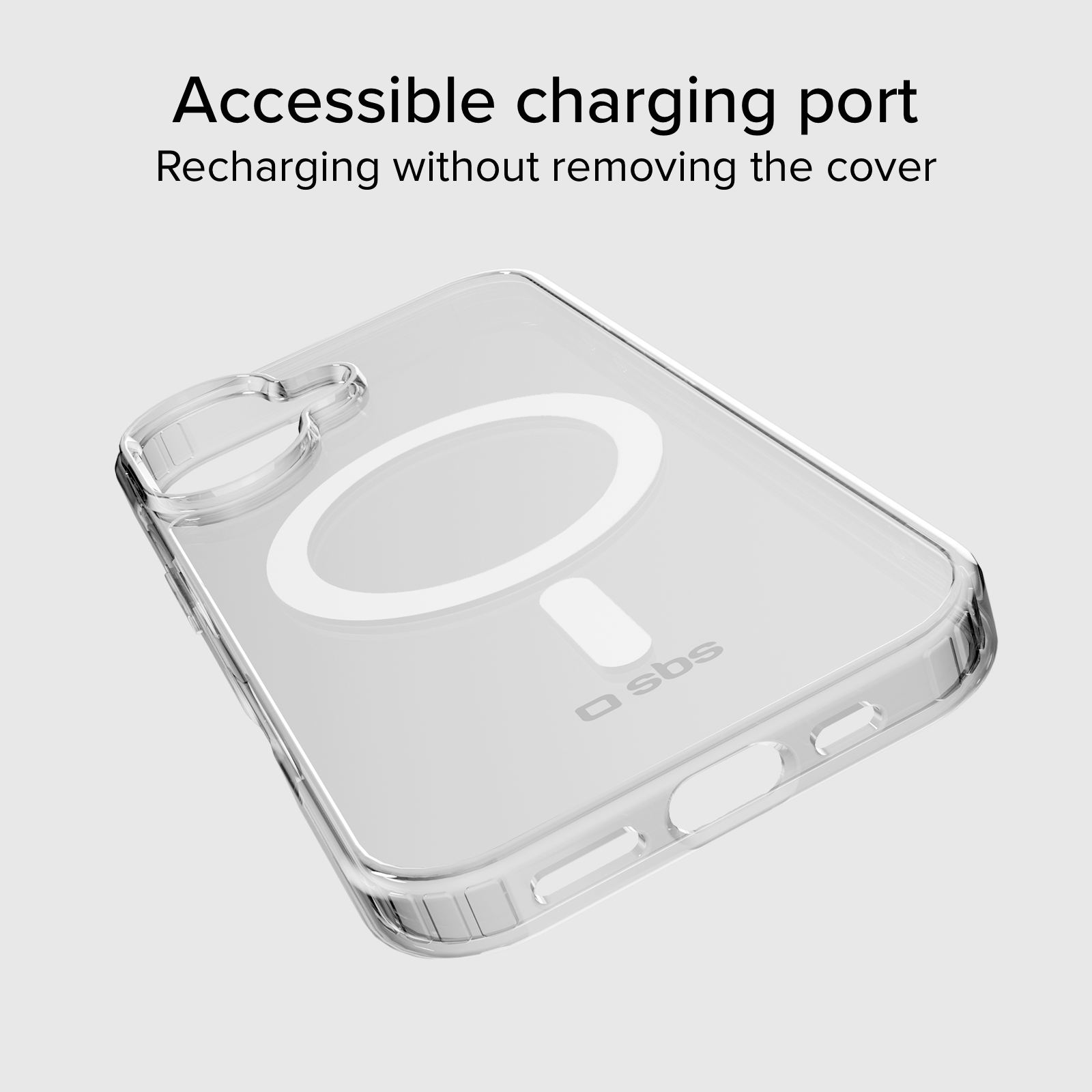 Funda transparente para móvil con anillo MagSafe y logo SBS.