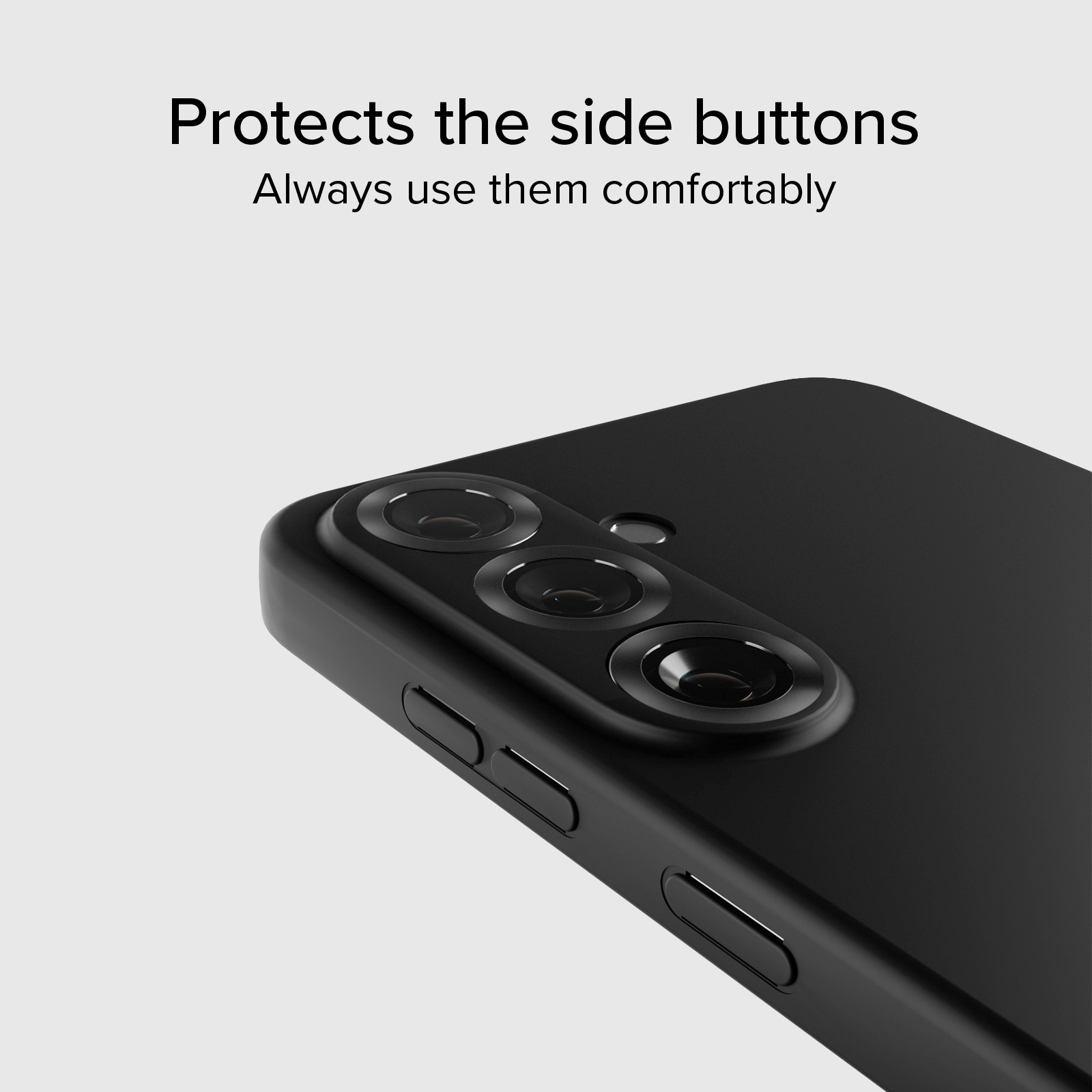 Schwarzes Handy mit Kameralinsen und seitlichen Tasten im Detail.