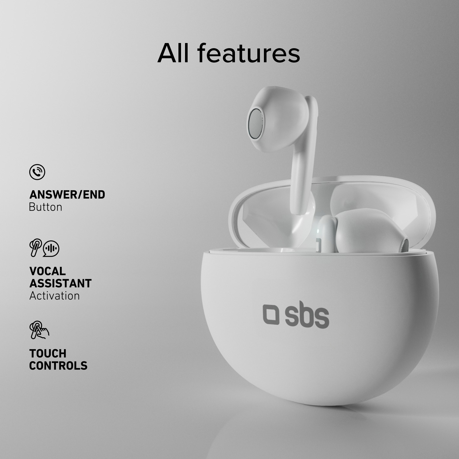 Auricolari bianchi in custodia di ricarica, logo SBS e testi delle funzioni.