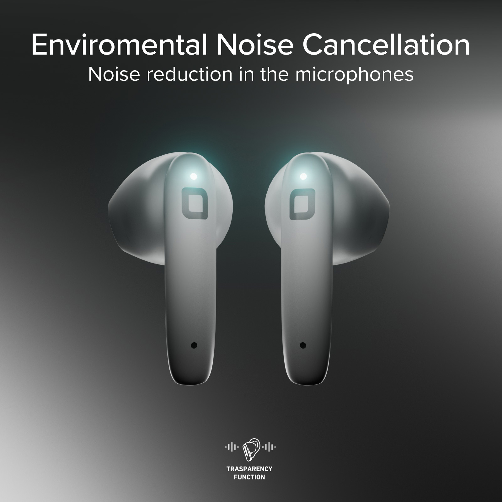 Due auricolari wireless bianchi con luci blu luminose su sfondo grigio.