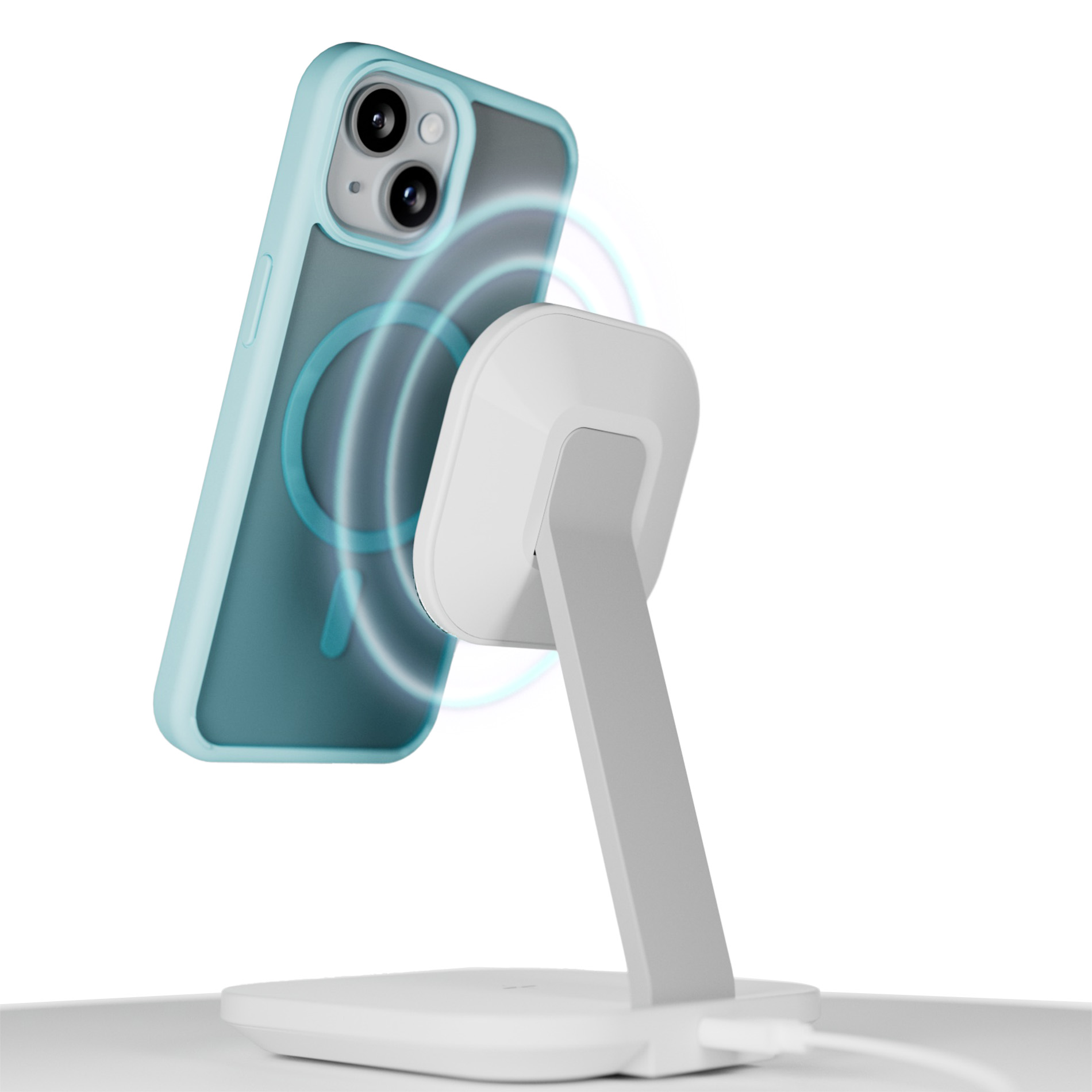 Un telefono azzurro viene caricato da un supporto di ricarica bianco.