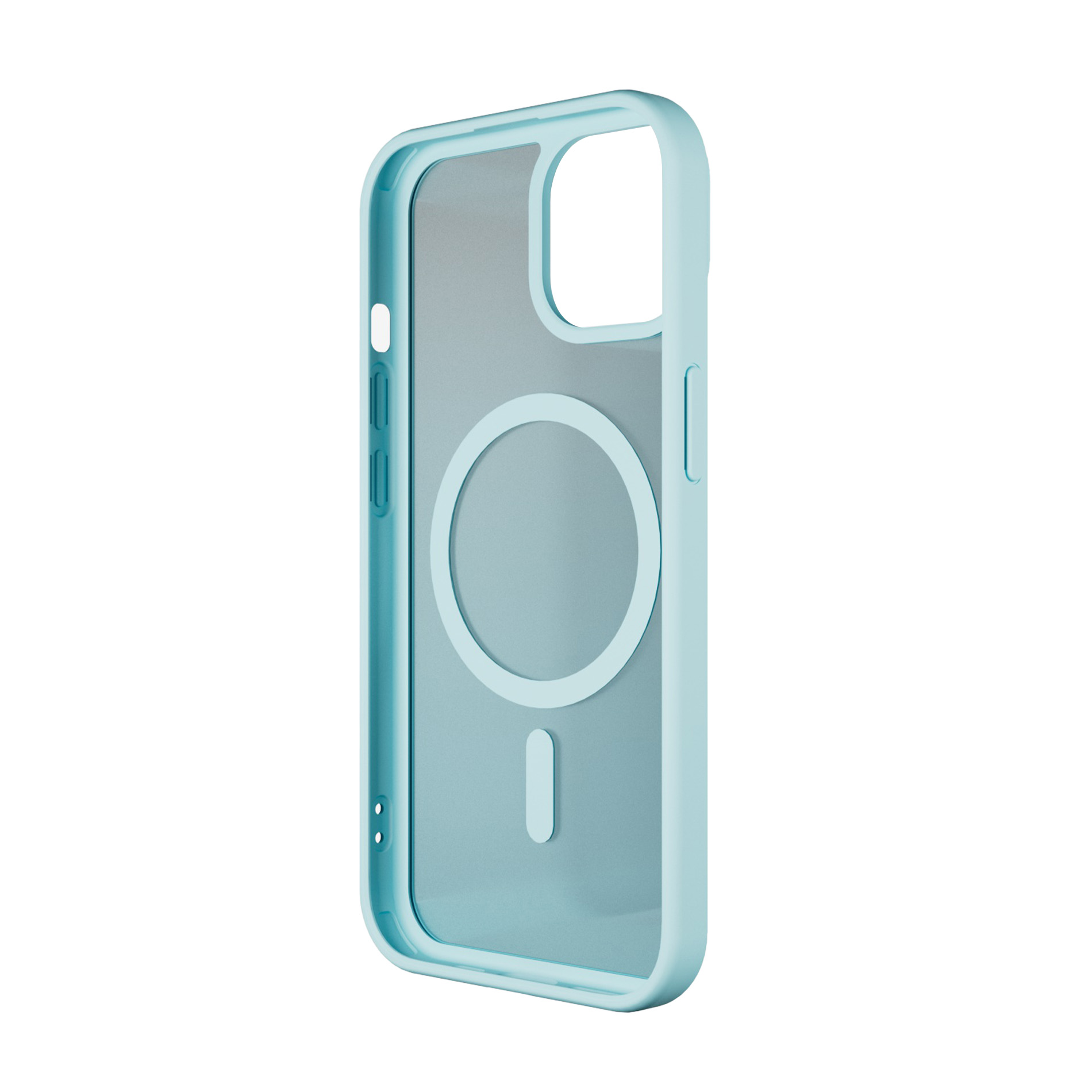 Una custodia per telefono azzurra con retro trasparente e anello magnetico.