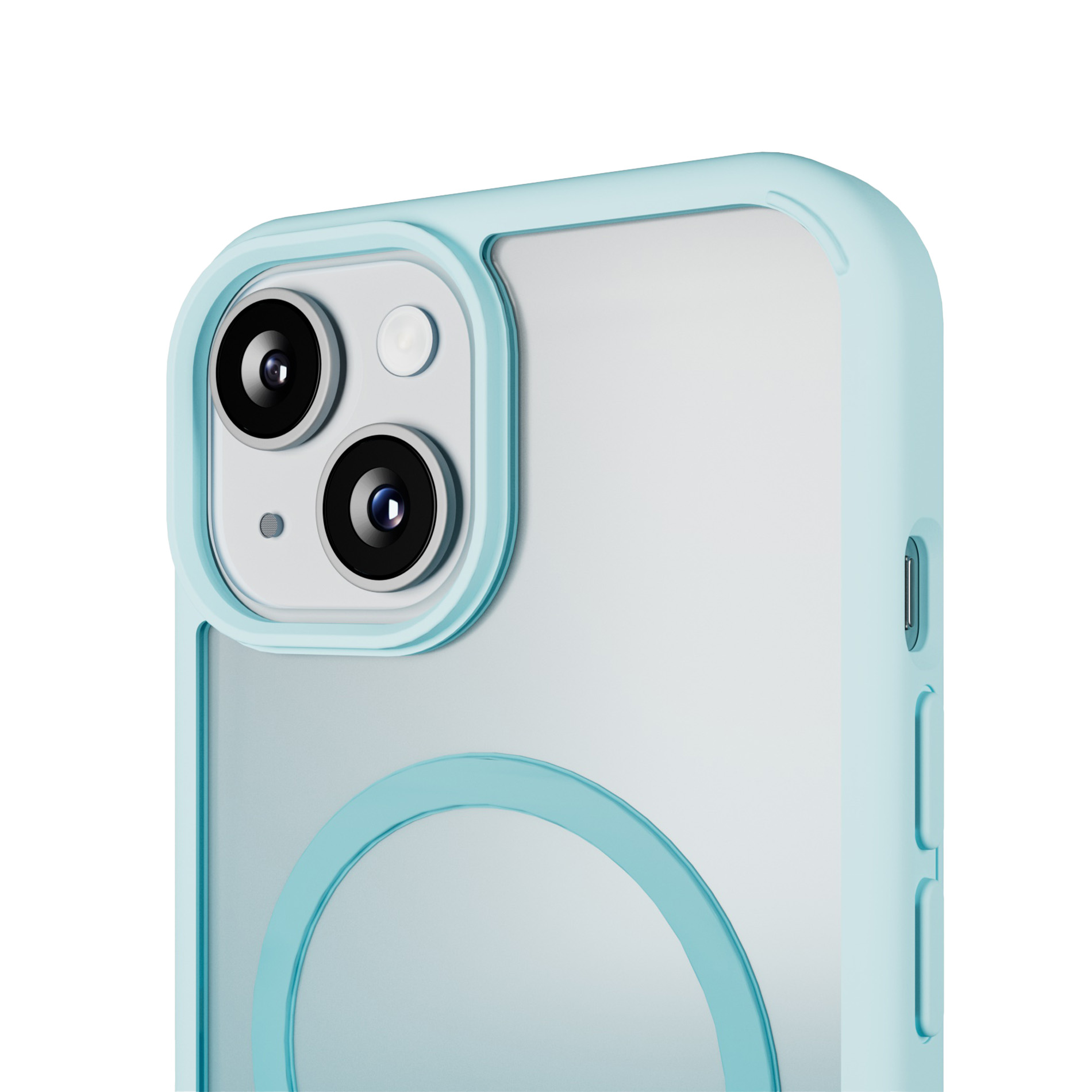 Custodia per telefono azzurra con tre fotocamere e flash su sfondo bianco.