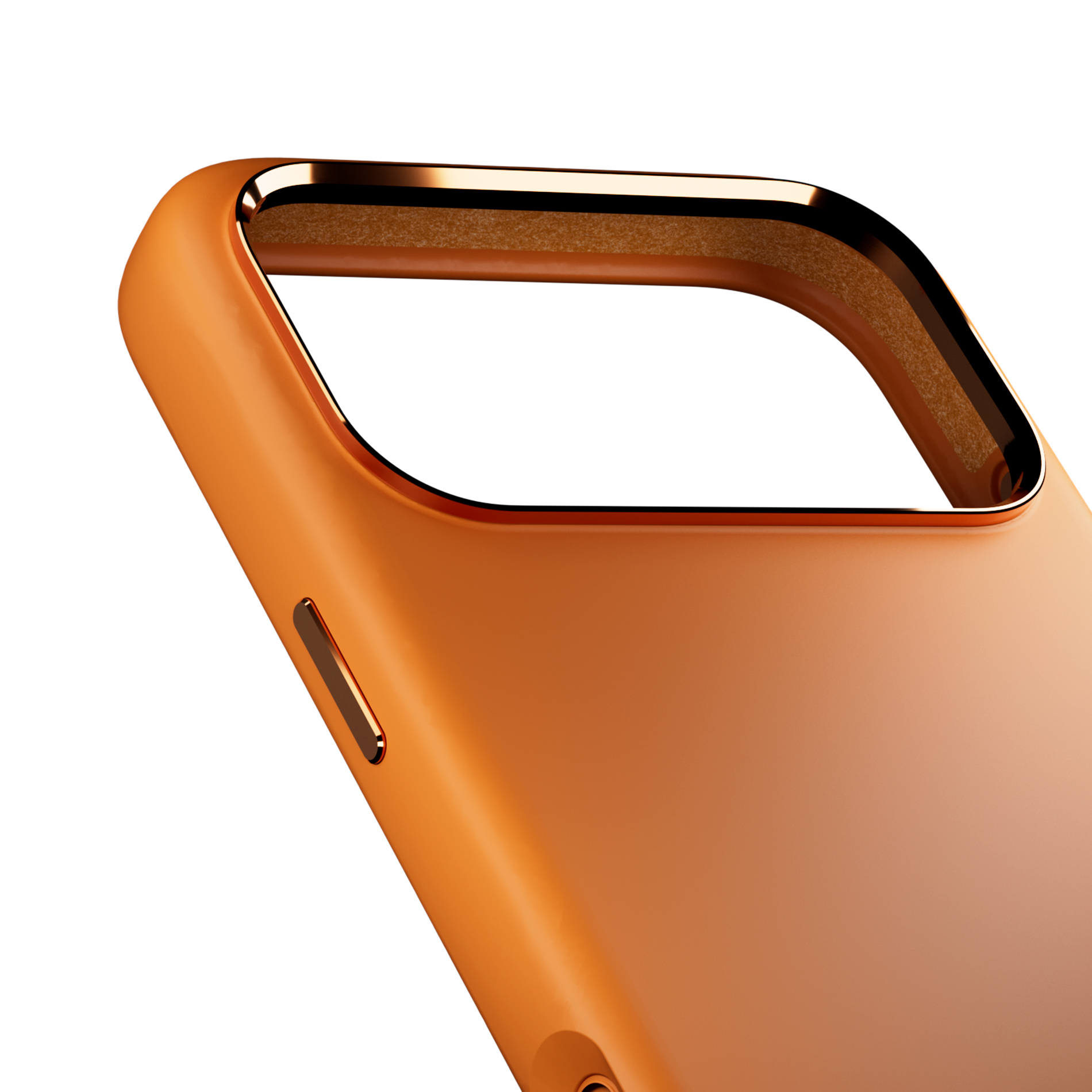 Funda de teléfono naranja con borde metálico y forro interior texturizado.