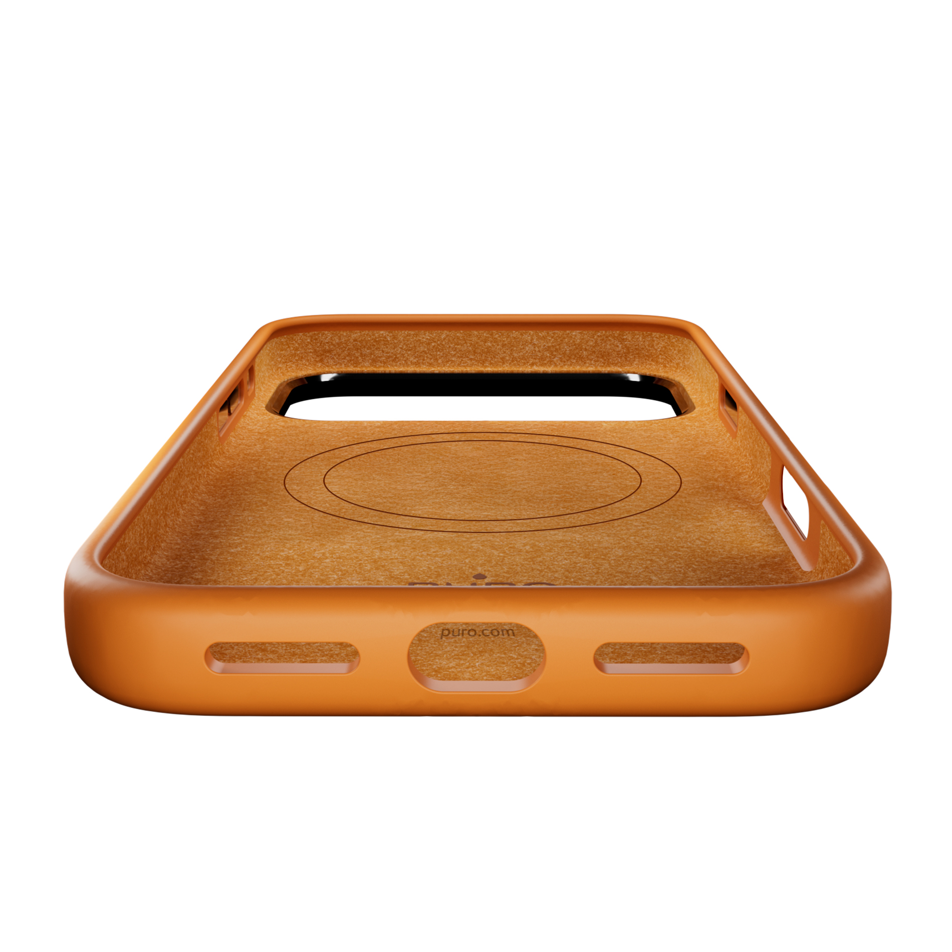 Funda de teléfono naranja con interior texturizado y recortes.