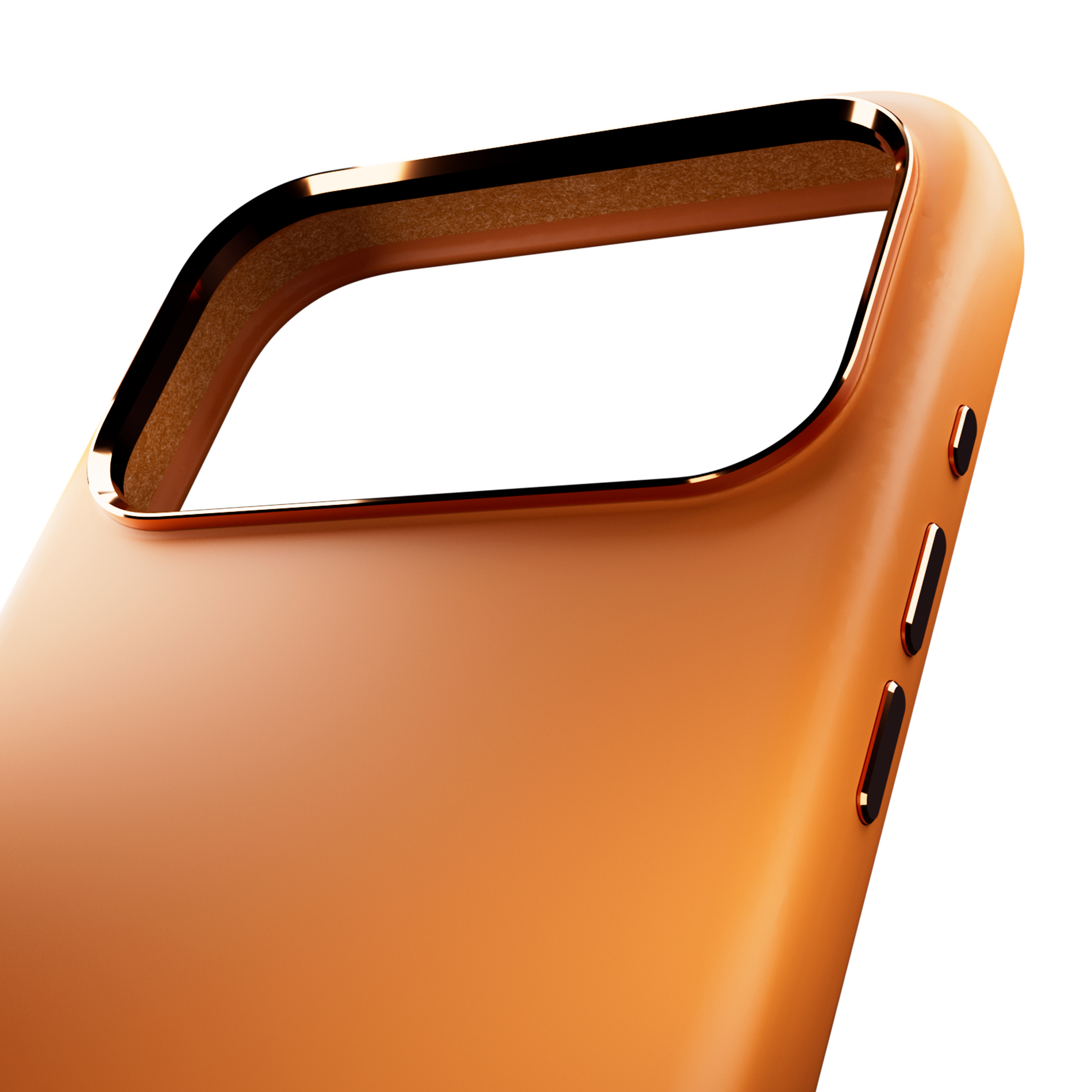Primer plano de una funda de teléfono naranja con borde brillante y botones.