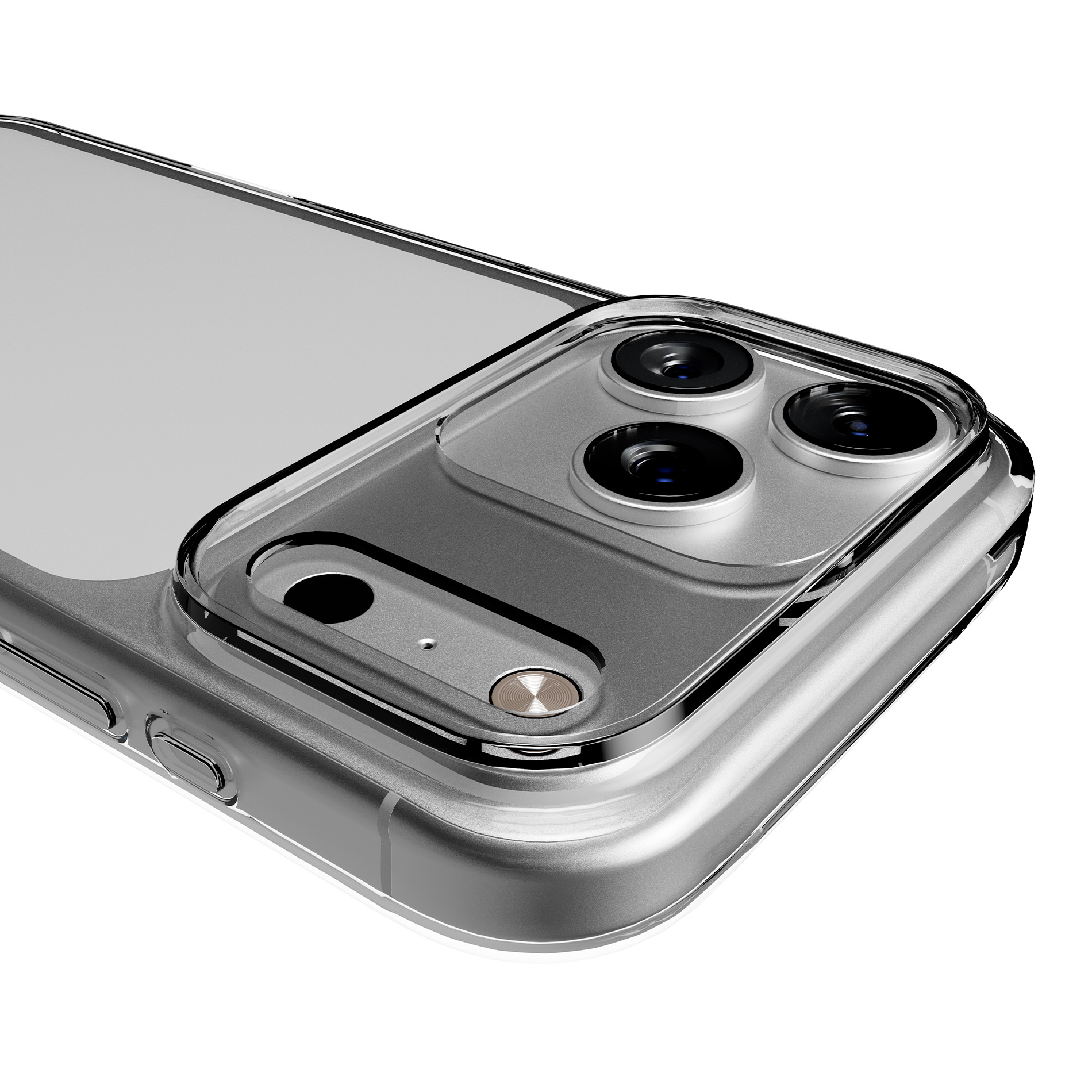 Primo piano di una cover trasparente per telefono con obiettivi e pulsanti.
