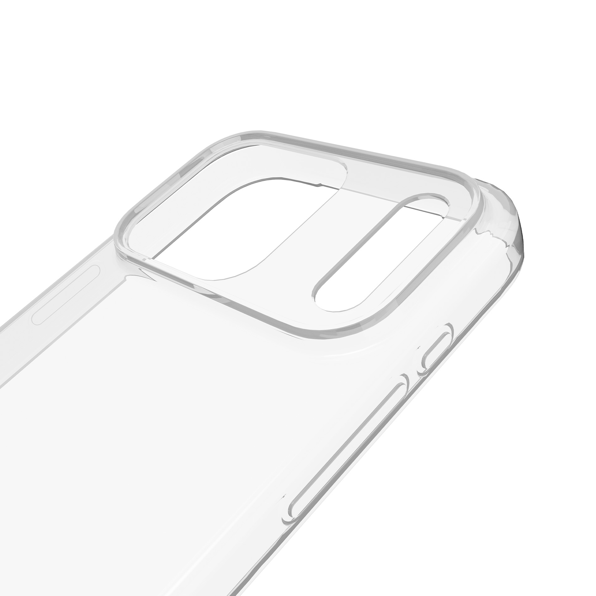 Custodia trasparente per telefono con ritaglio fotocamera e pulsanti.