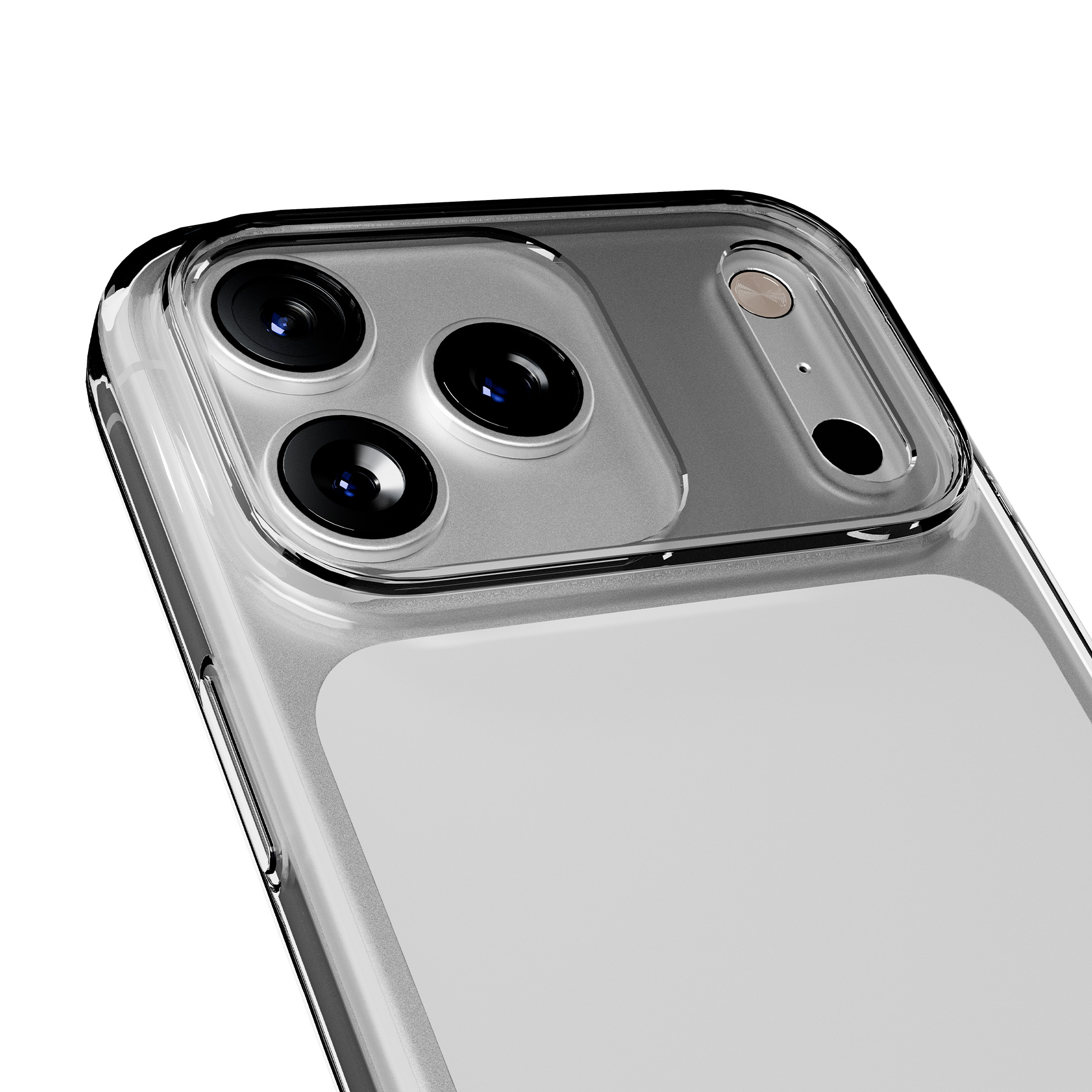 Primo piano del retro di una custodia trasparente per telefono con tre fotocamere.