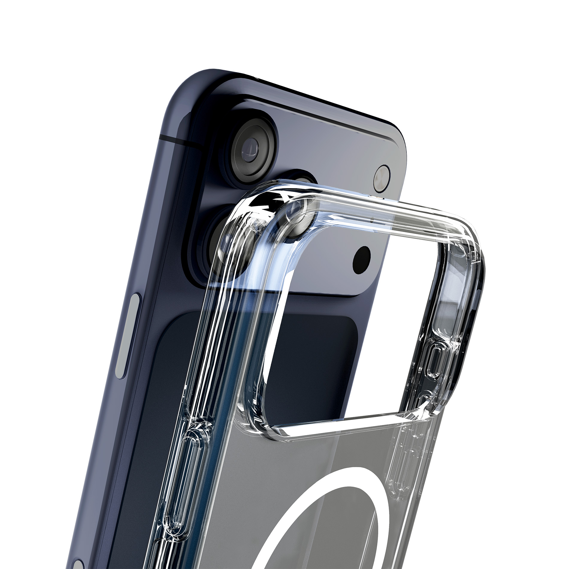Smartphone blu scuro con custodia protettiva trasparente, primo piano fotocamera e cornice.