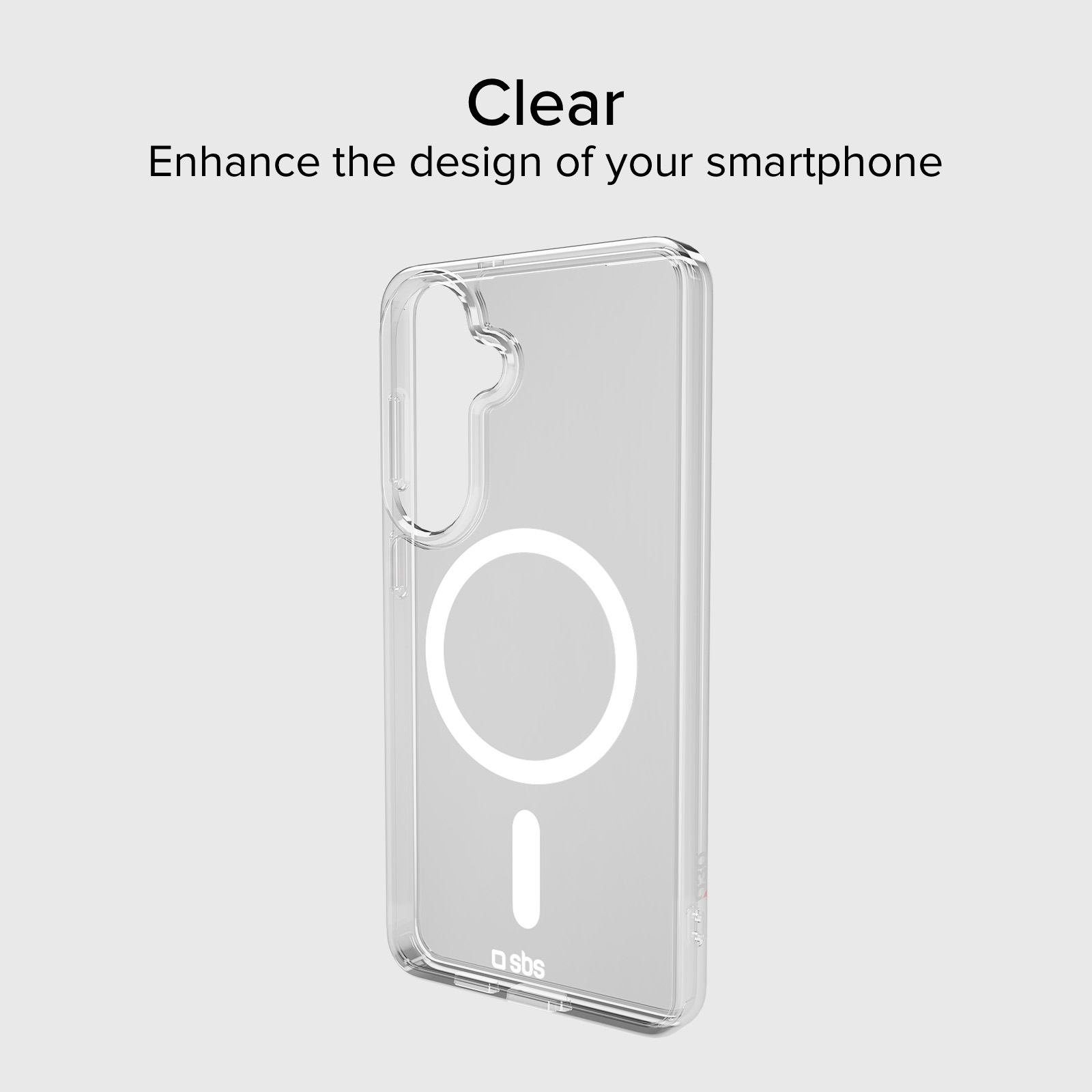 Funda transparente para móvil con anillo magnético blanco y logo SBS.