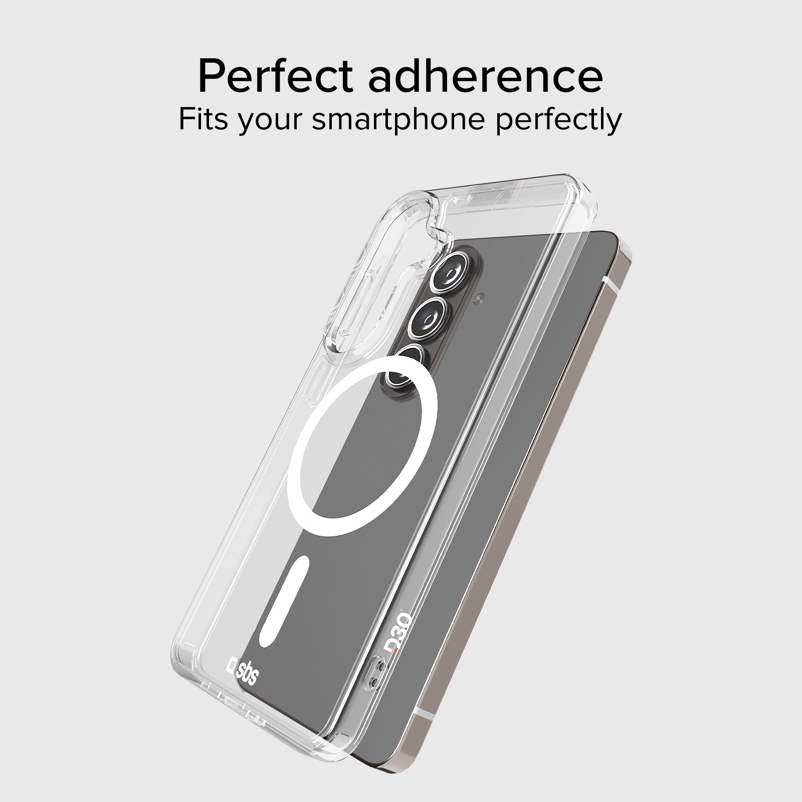 Funda transparente sobre un smartphone con cámaras y anillo magnético.