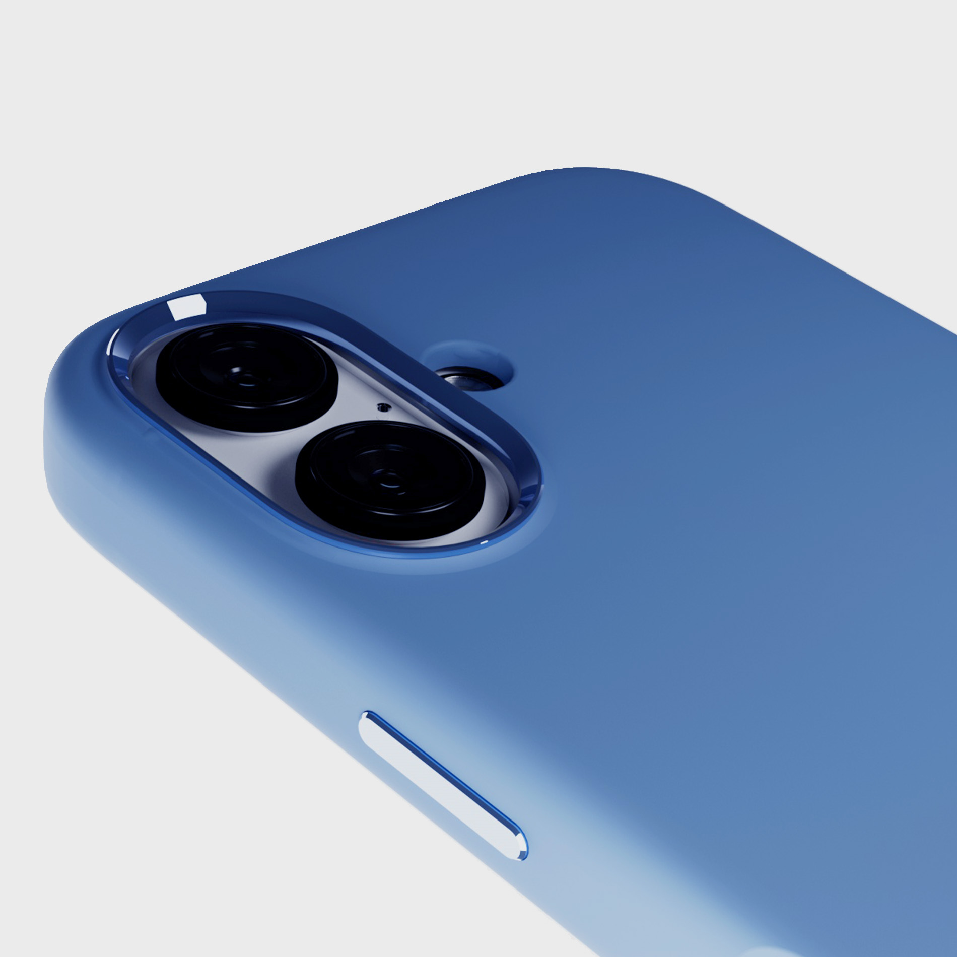 Custodia blu per smartphone con doppia fotocamera e pulsante laterale.