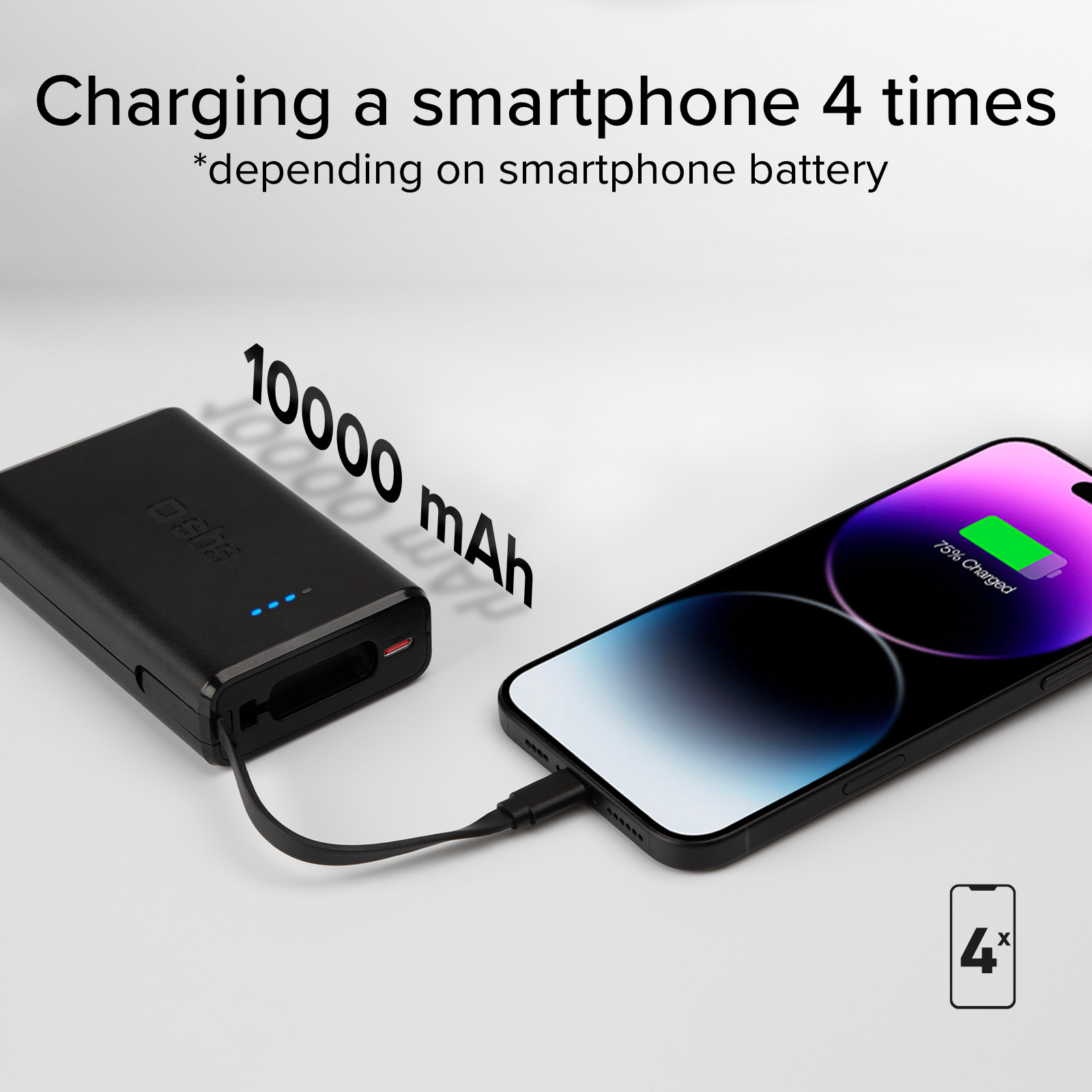 Power bank nero che carica uno smartphone. Capacità 10000 mAh.