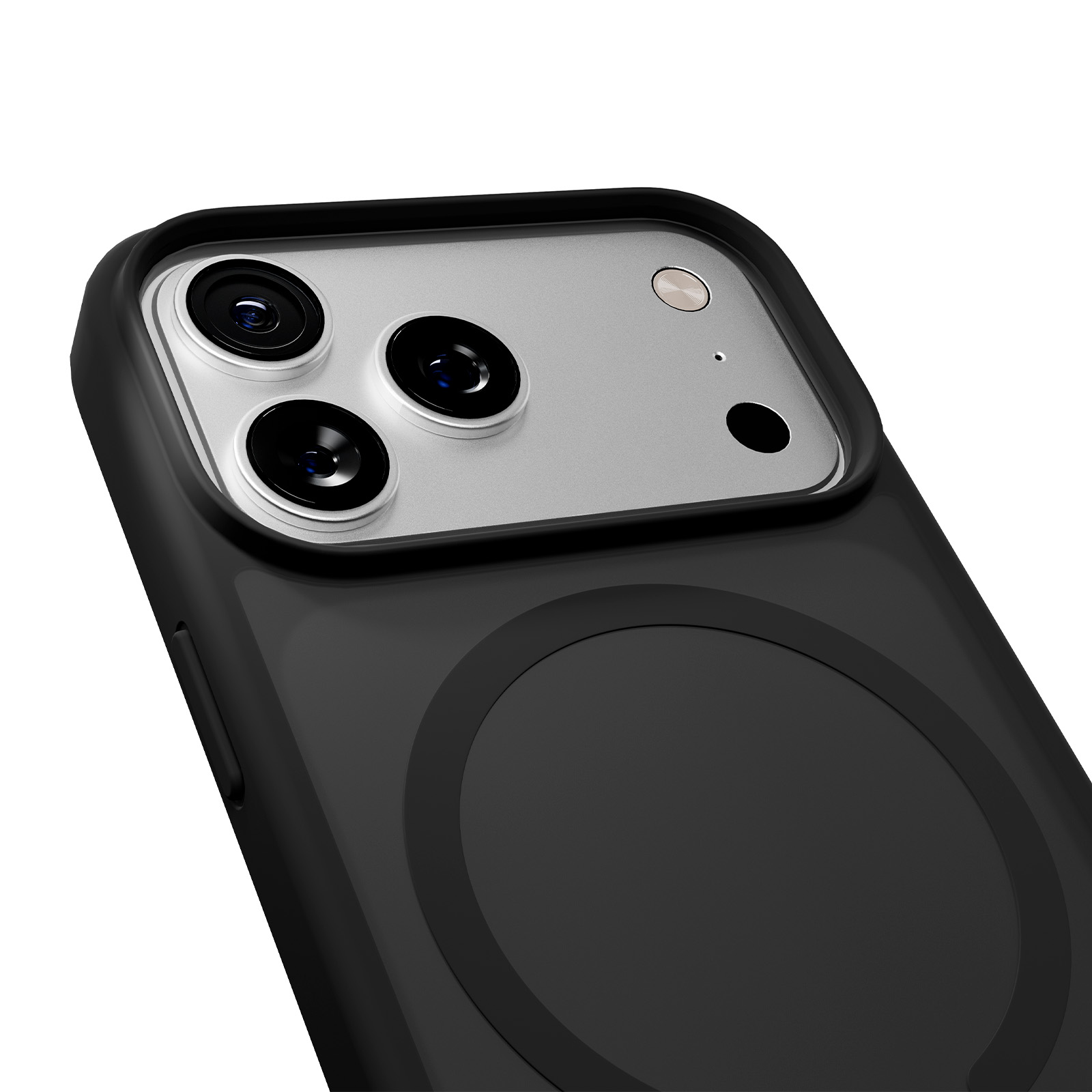 Primo piano di una custodia nera per iPhone con tre obiettivi della fotocamera e un flash.