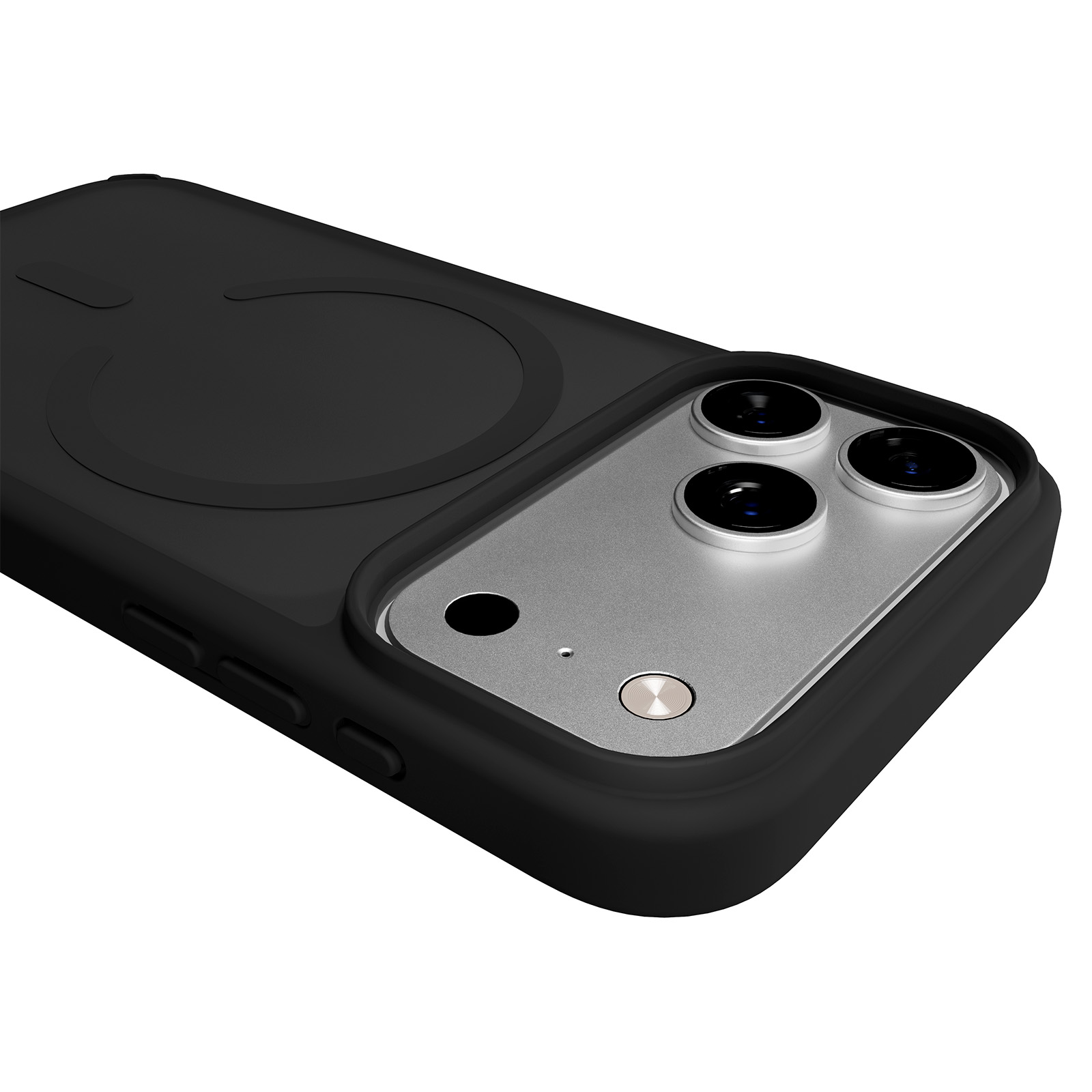 Custodia nera per telefono con tripla fotocamera e dettaglio argento.