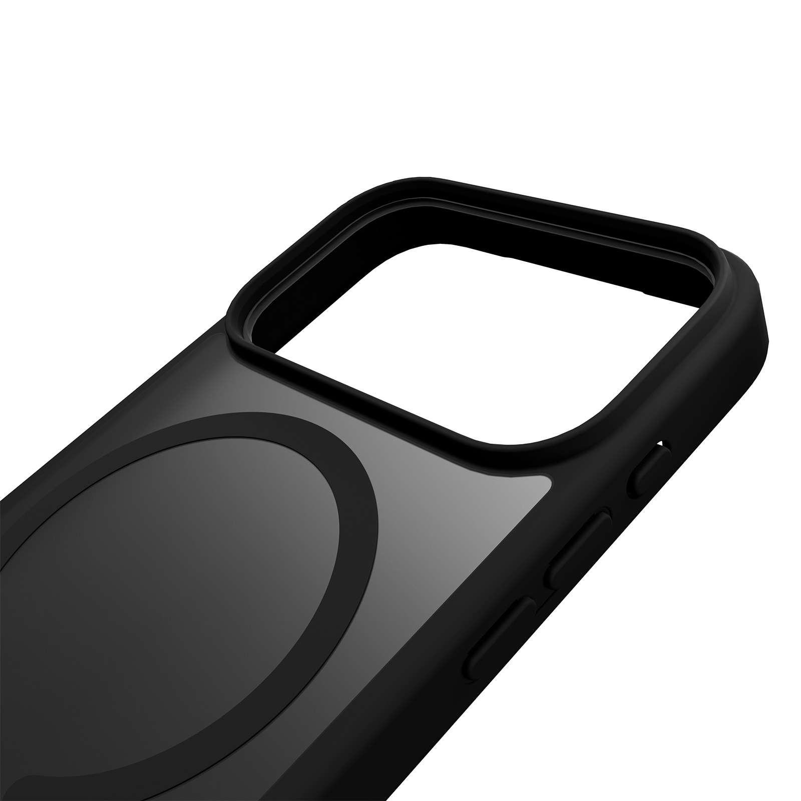 Una custodia per telefono nera con un anello magnetico sul retro.