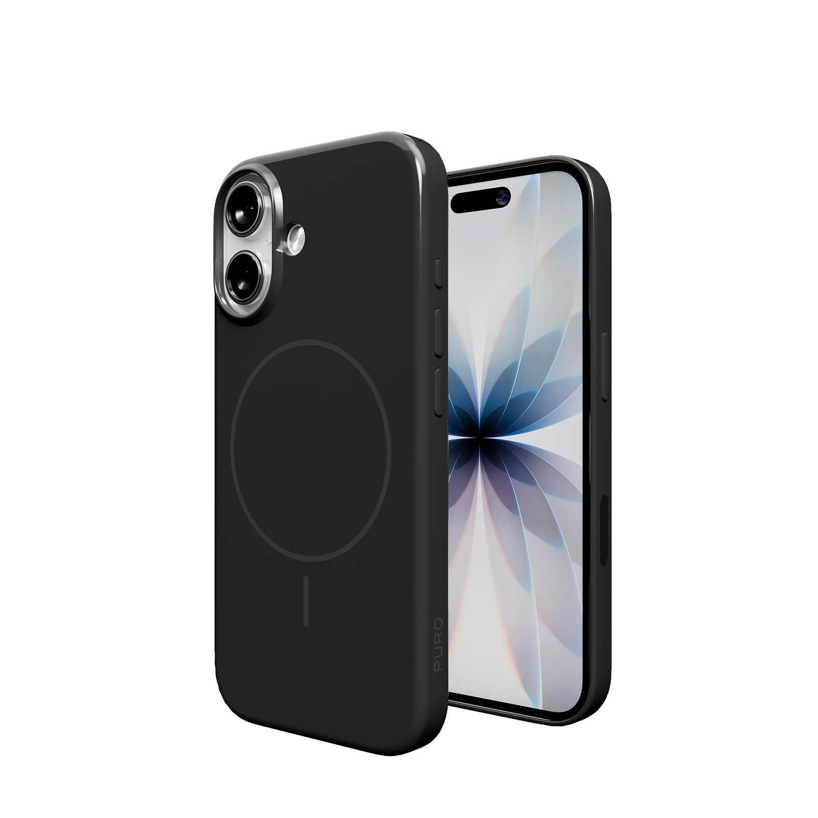 Un iPhone nero con doppia fotocamera e display luminoso su sfondo bianco.
