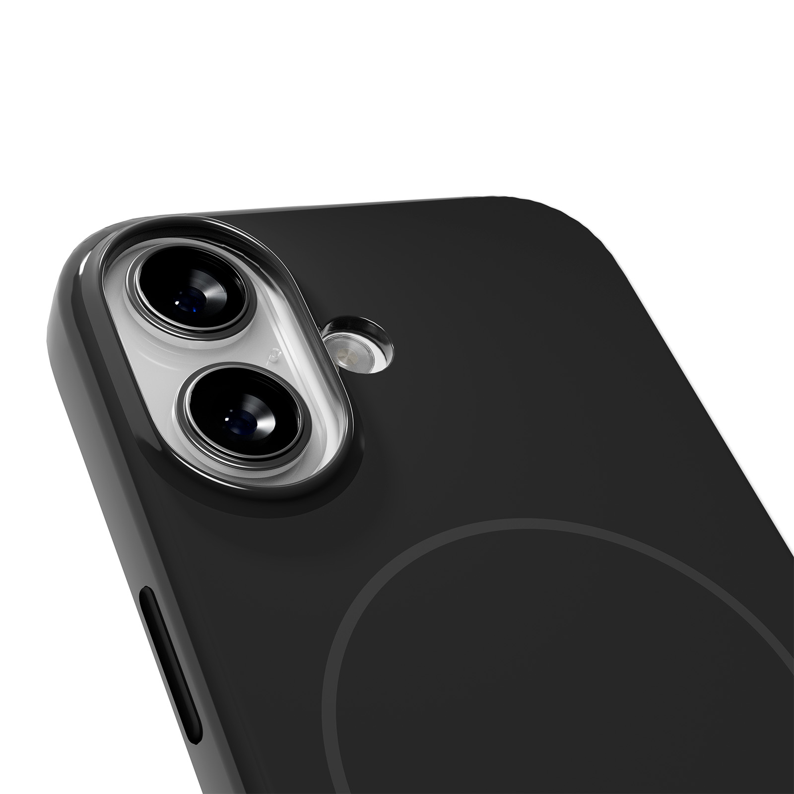 Primo piano di una cover nera per telefono con due obiettivi e flash.
