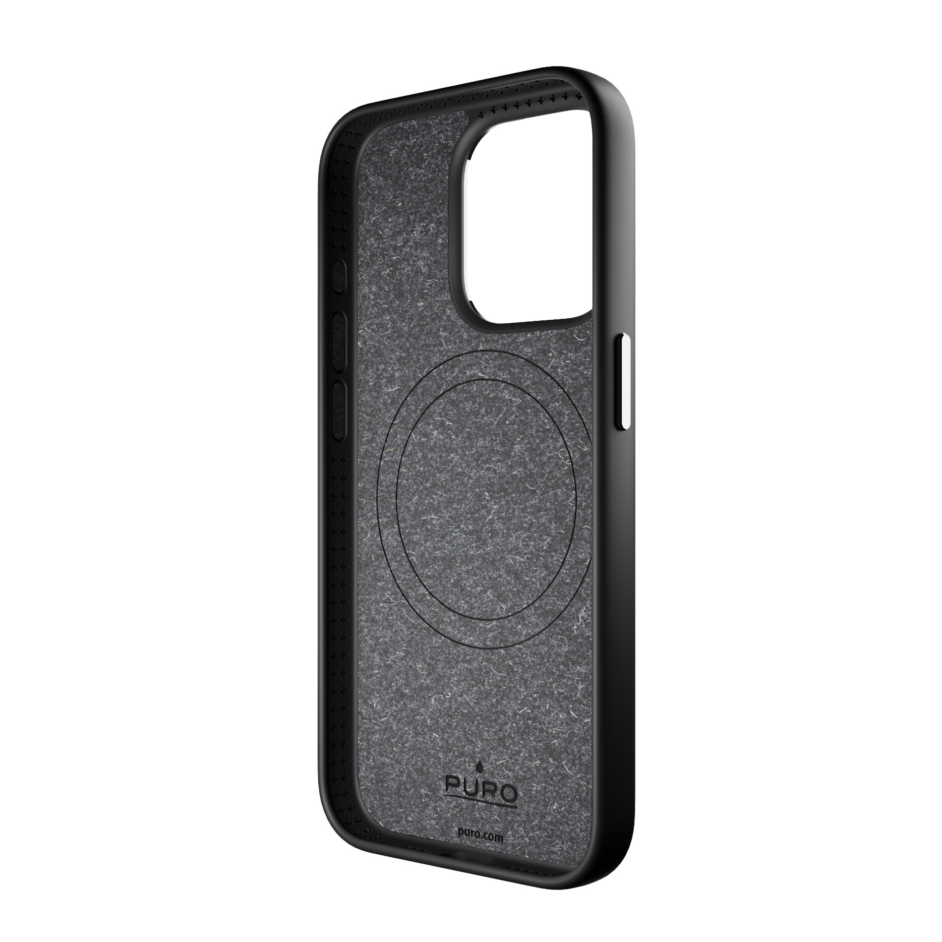 Schwarze iPhone-Hülle mit grauem Filz-Innenfutter und magnetischem Ring.
