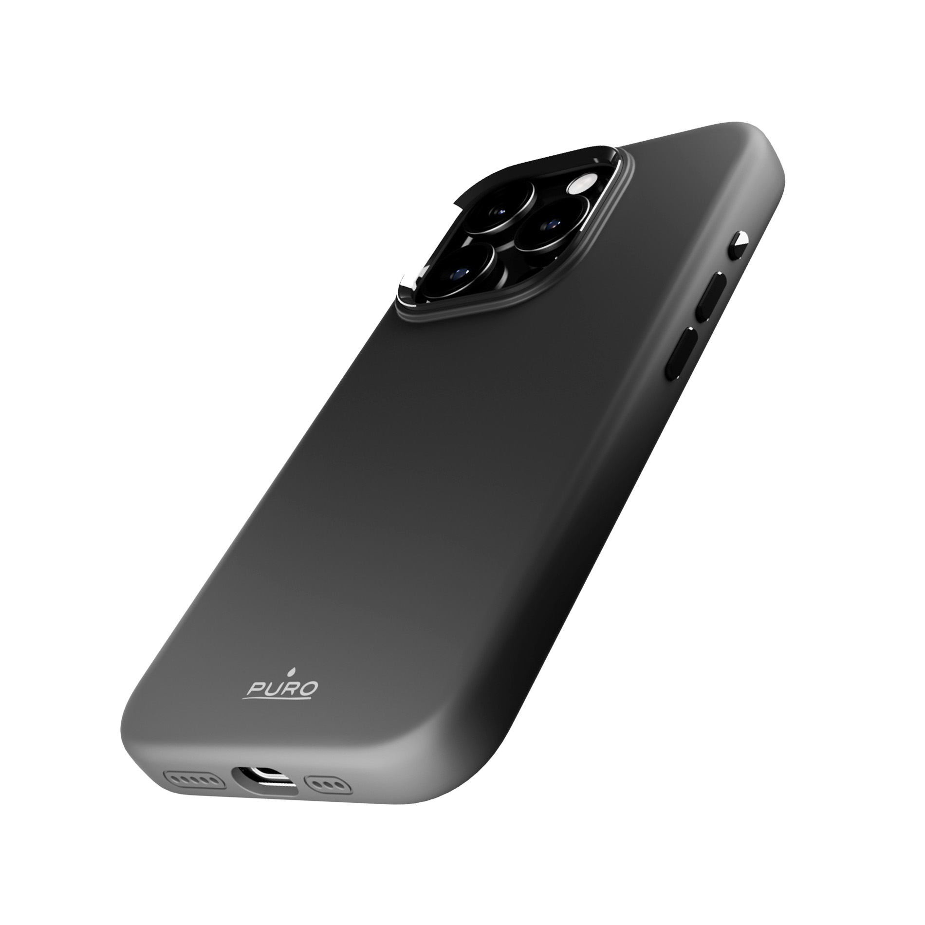 Ein graues Handycover mit Puro-Logo und Kameraausschnitt.