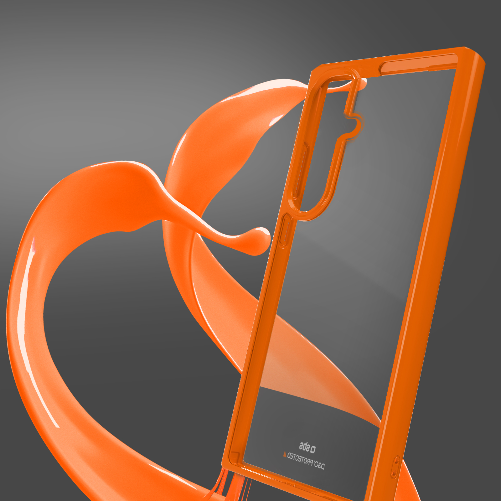 Pomarańczowy rozprysk obok przezroczystej ramki etui na telefon na szarym tle.
