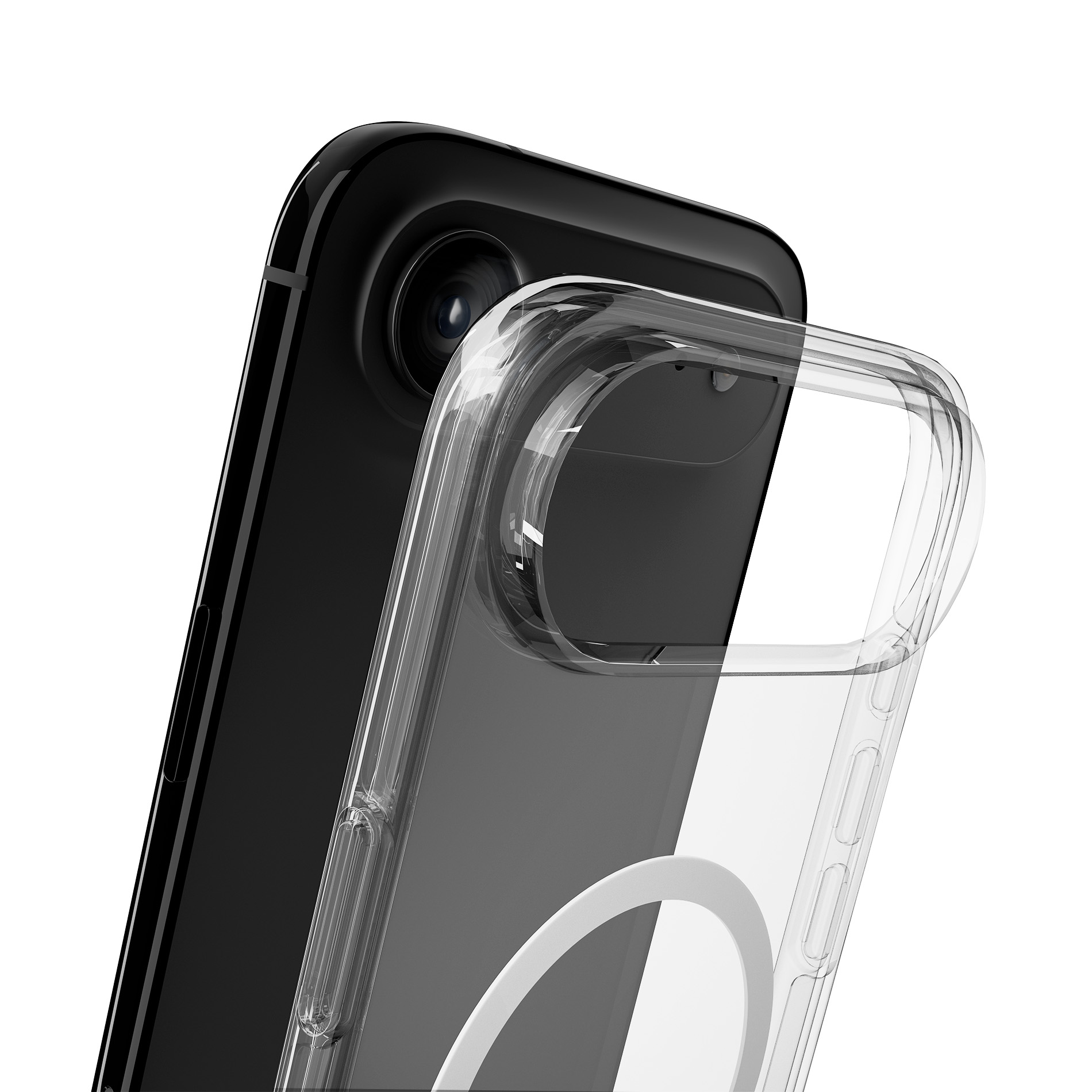 Custodia trasparente su un iPhone nero, che mostra il modulo fotocamera.