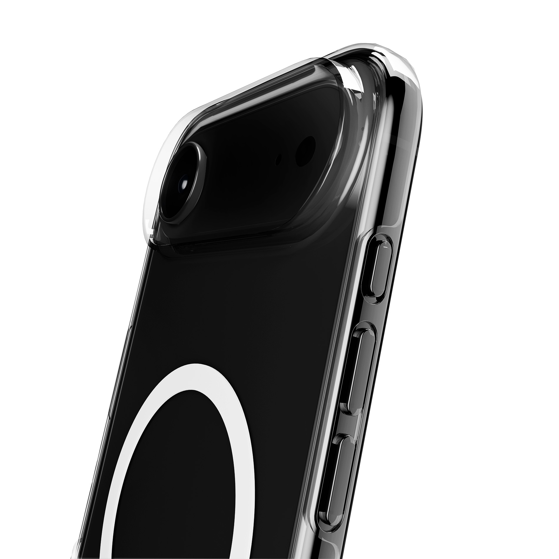 Uno smartphone nero con custodia trasparente, primo piano della fotocamera.
