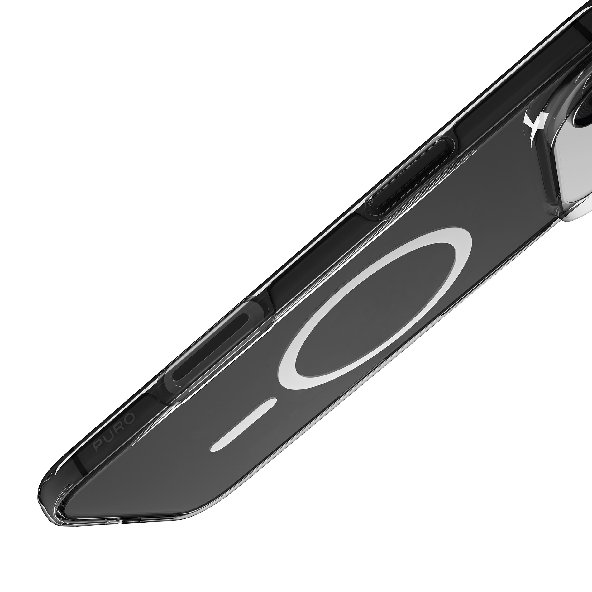 Custodia trasparente per telefono con disegno cerchio e tratto bianchi.