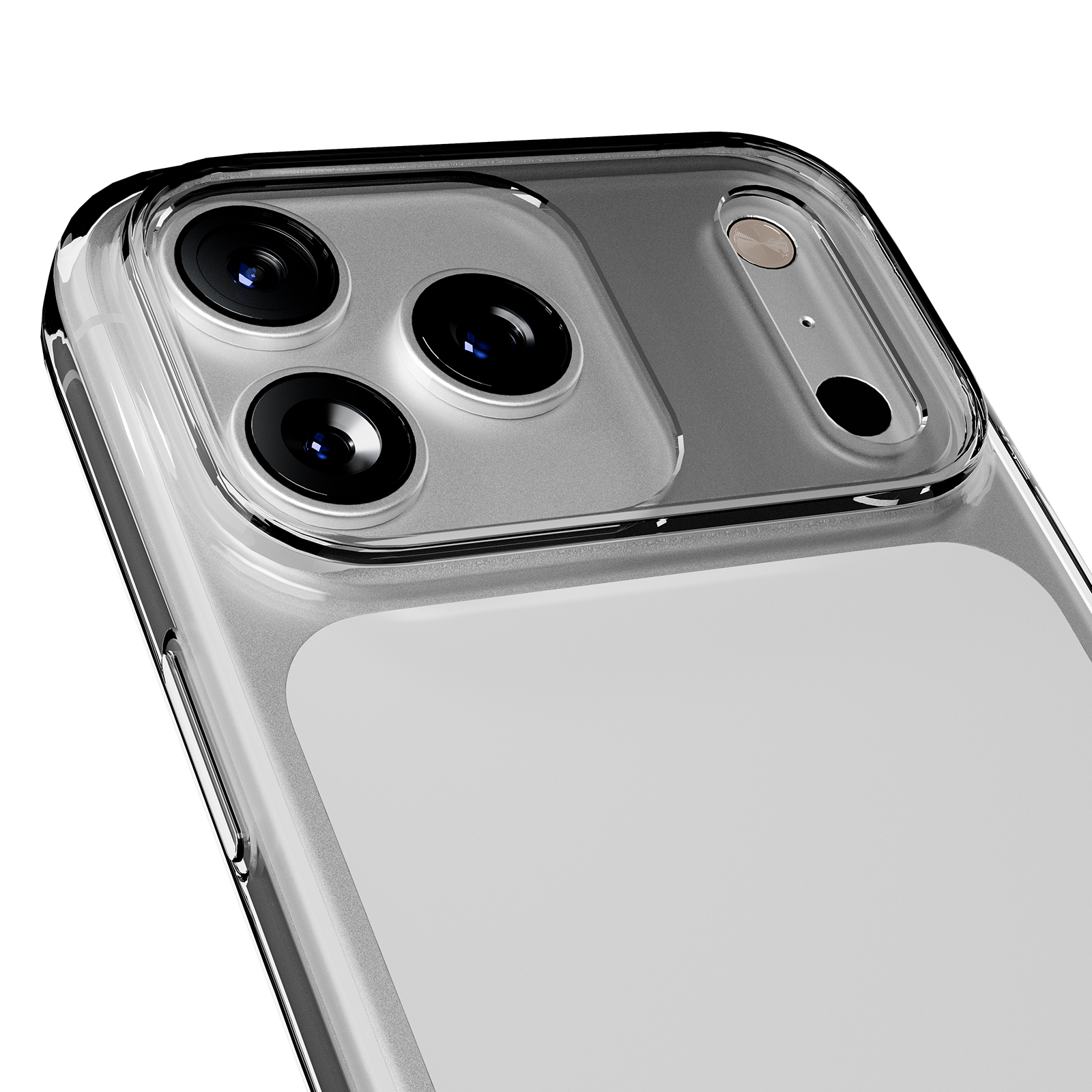 Primo piano del retro di uno smartphone con tre fotocamere e flash.