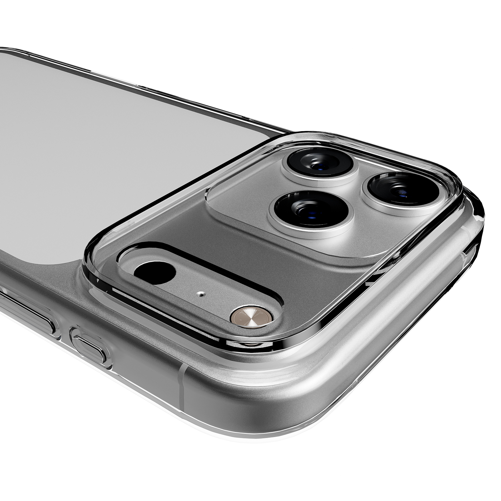 Custodia trasparente per telefono mostra tripla fotocamera e flash.