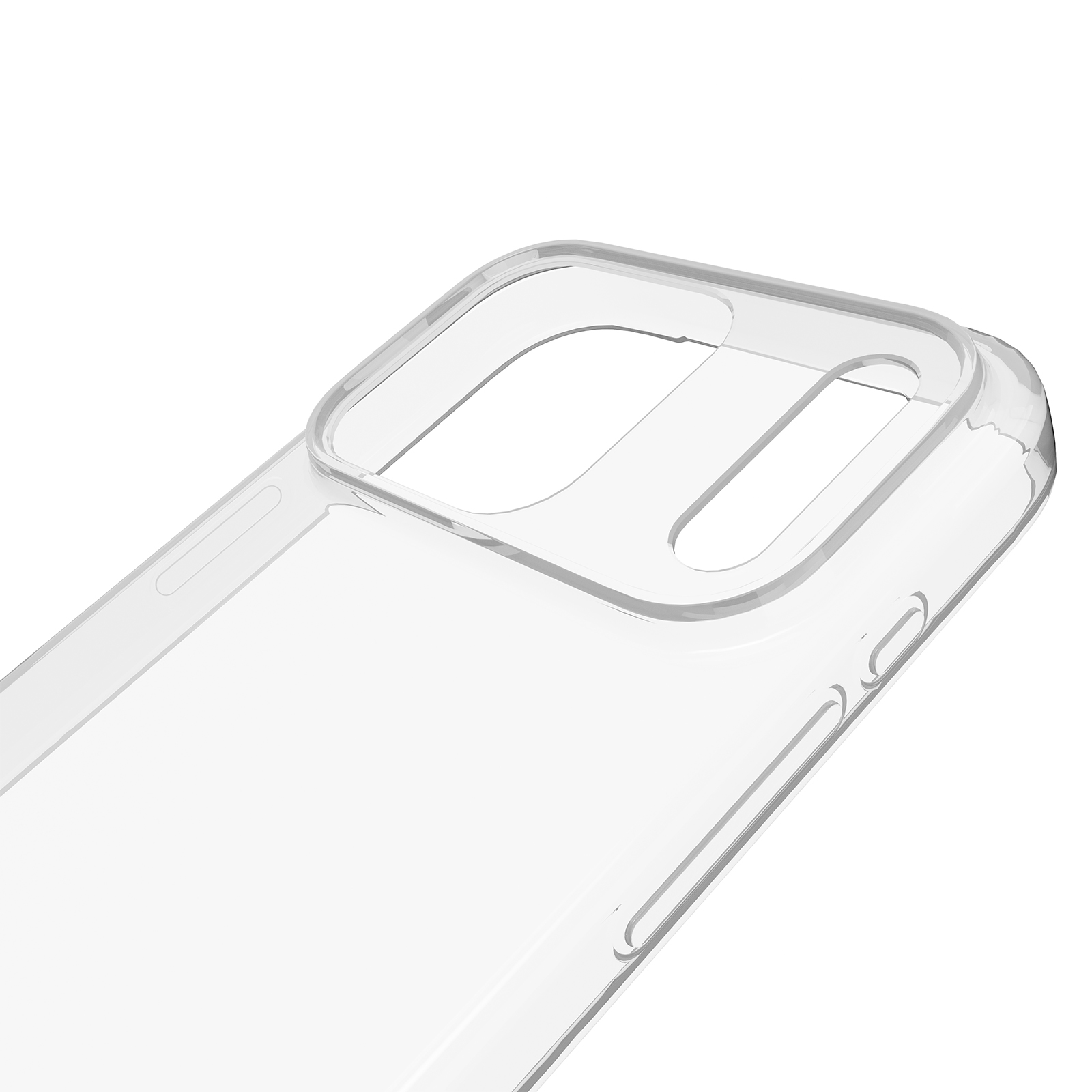 Custodia trasparente per telefono con ritagli per modulo fotocamera e pulsanti.