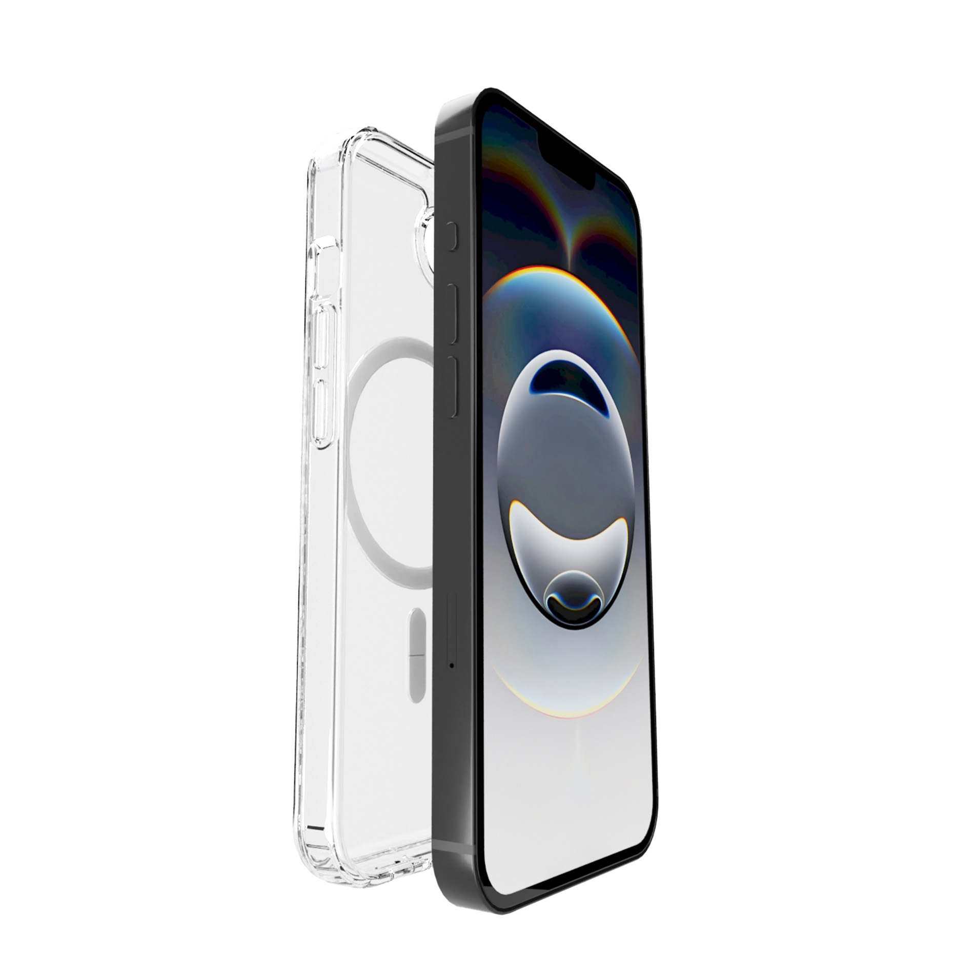 Ein transparentes iPhone-Gehäuse liegt neben einem schwarzen iPhone mit einem stilisierten Hintergrund.