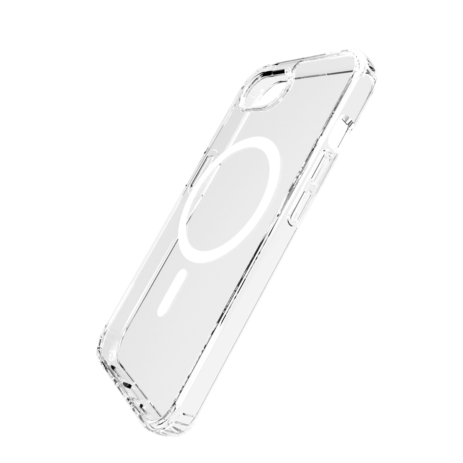 Durchsichtige Handyhülle mit MagSafe-Ring und Ausschnitten für Kamera und Tasten.