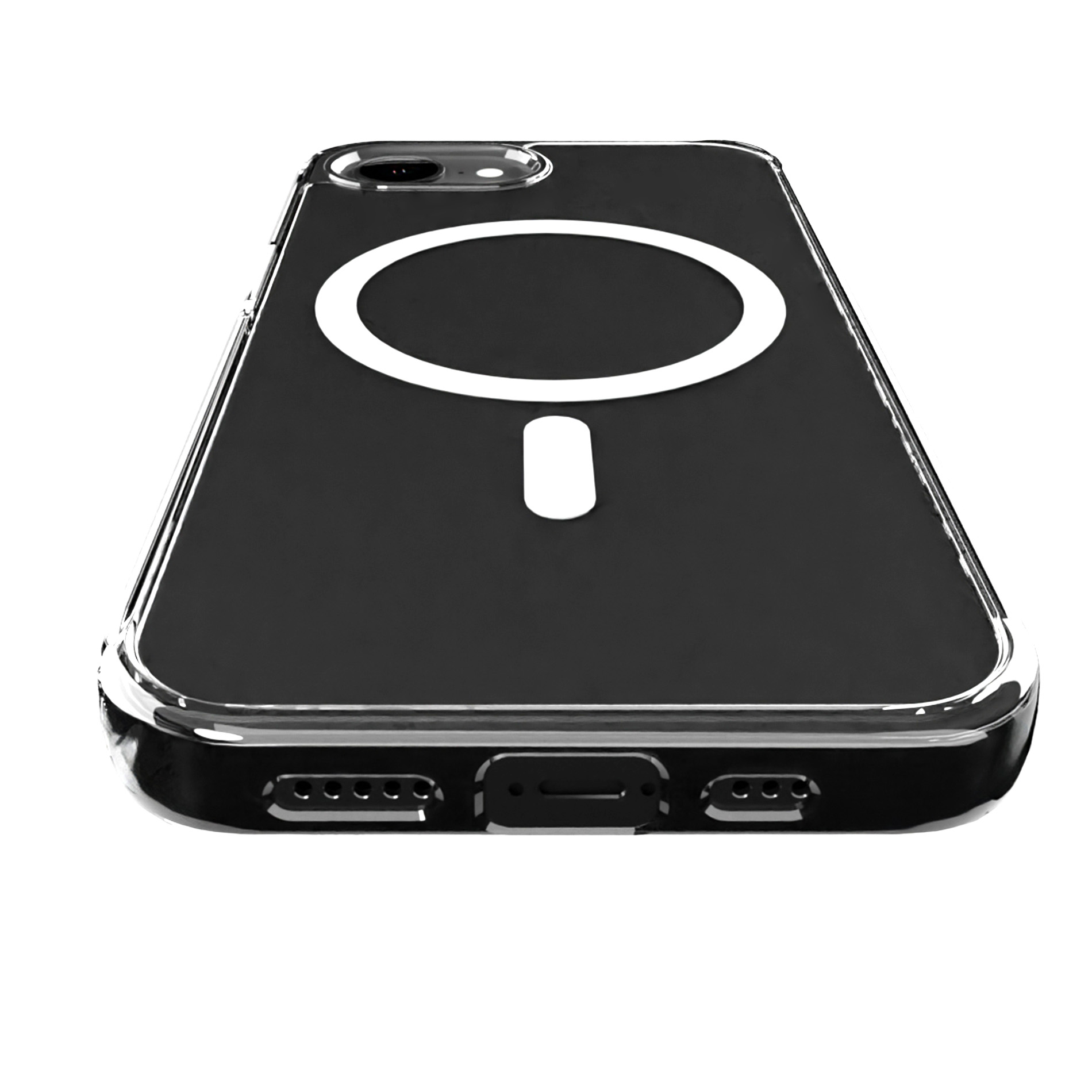 Transparente Handyhülle mit weißem MagSafe-Kreis und Rechteck.