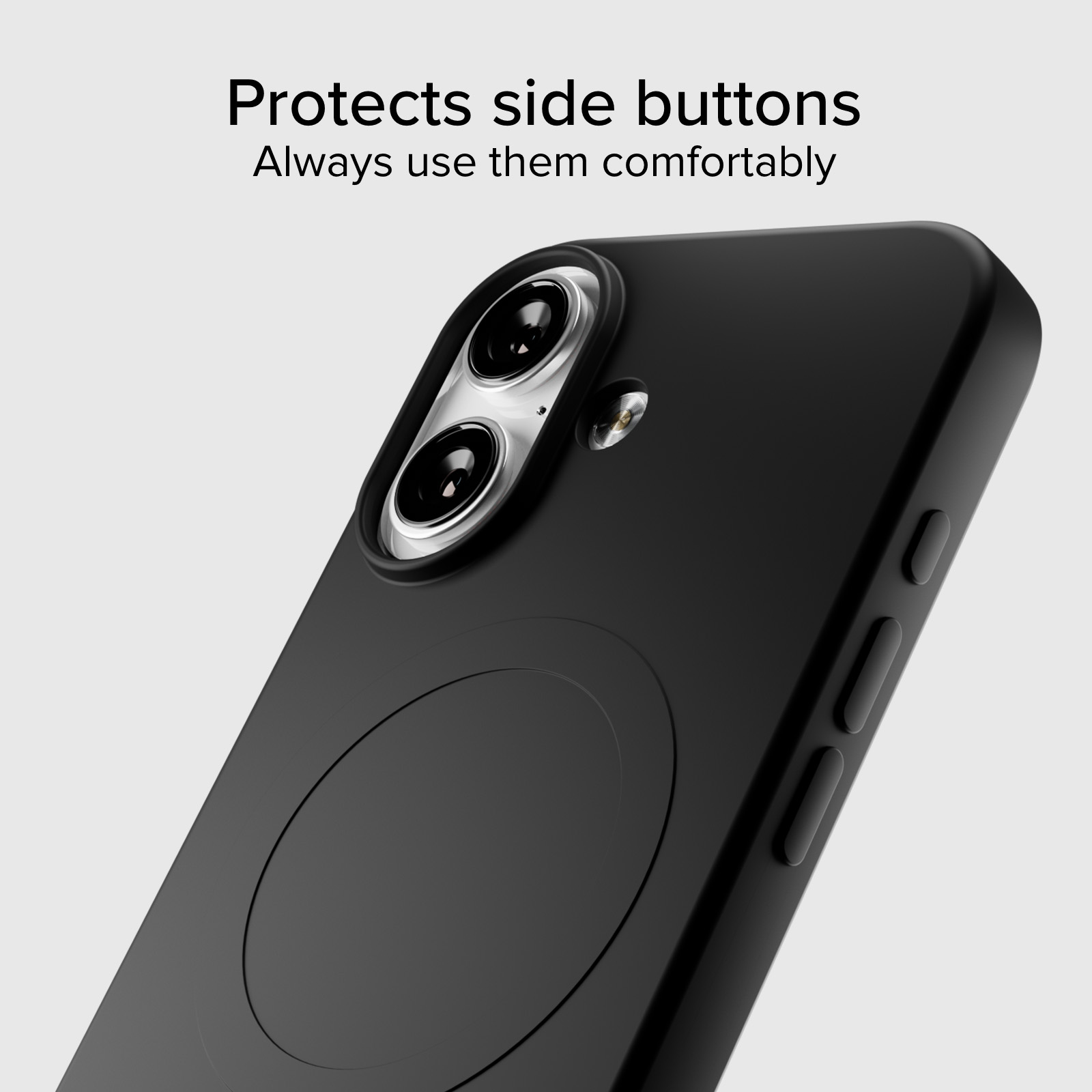 Czarne etui na telefon z podwójnym obiektywem i przyciskami bocznymi.