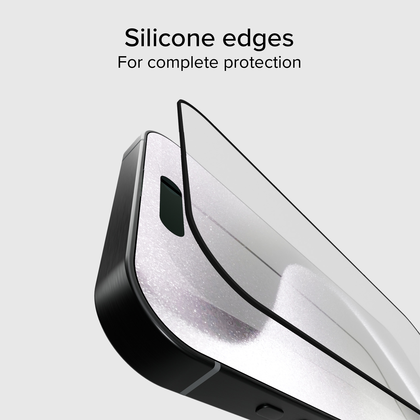 Telefono nero con protezione schermo, che mostra i bordi in silicone.
